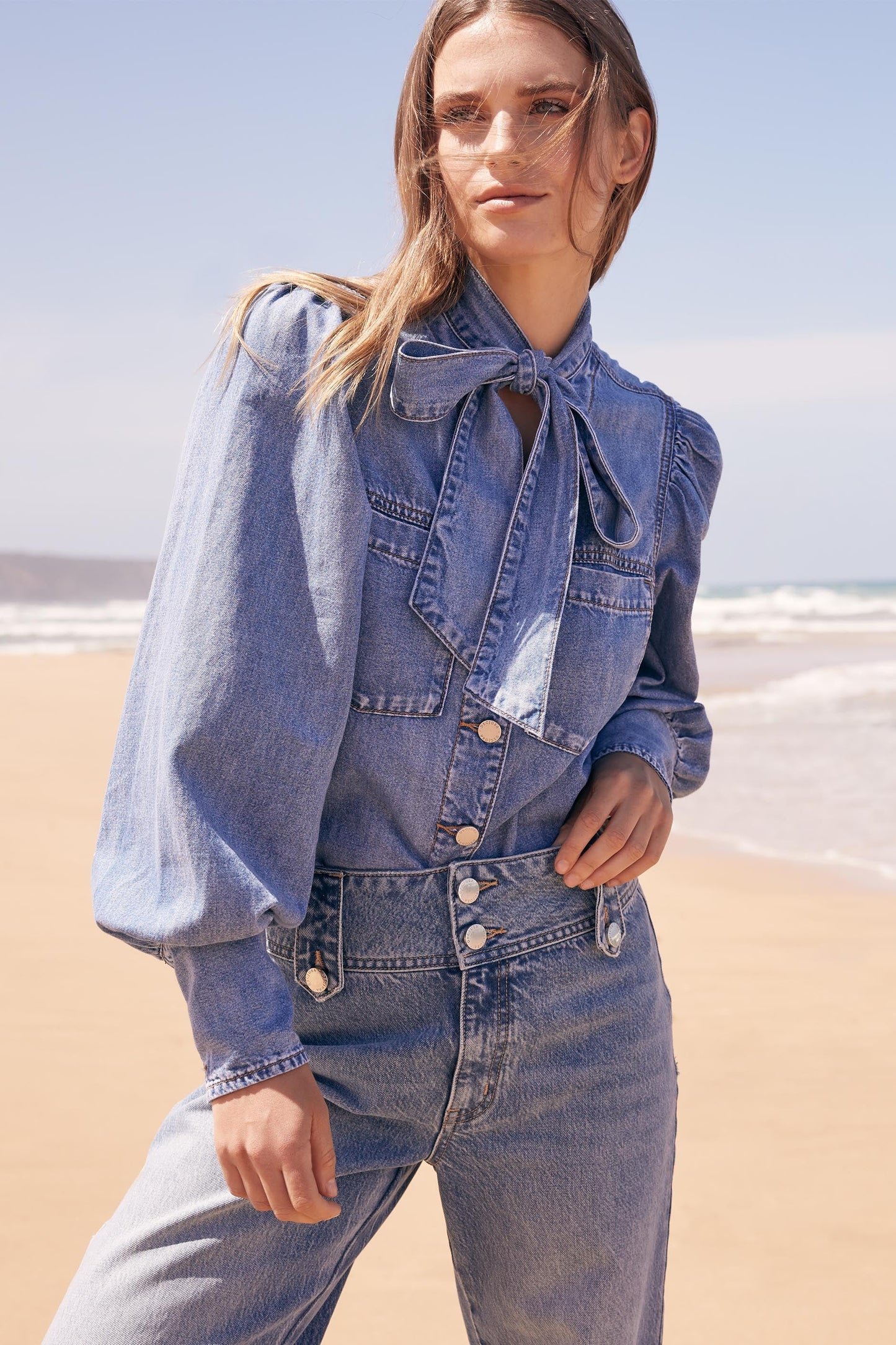 Harmony Bow Tie Denim Top