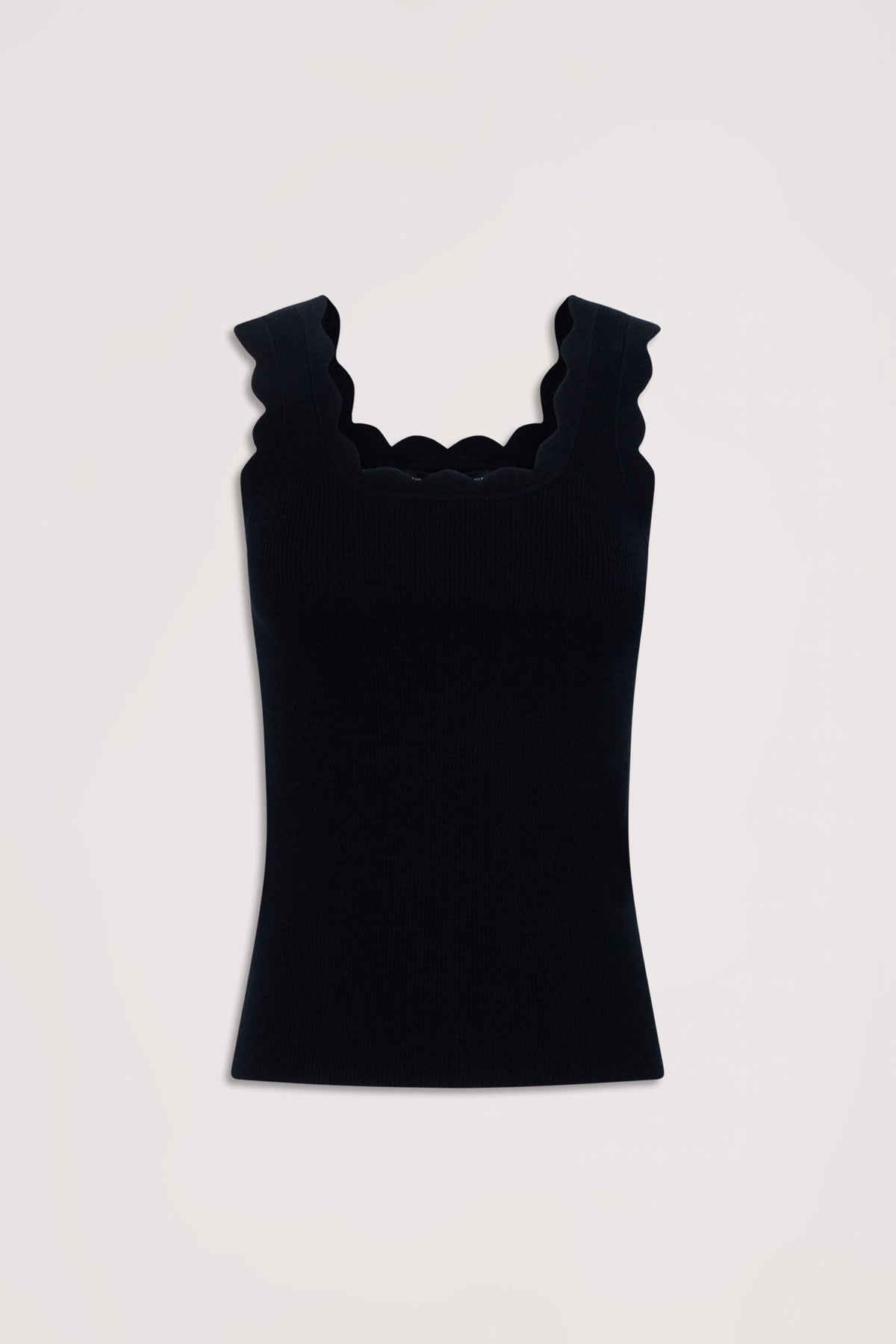 Black ribbed tank top with scalloped wide straps and square neckline, offering a neat and stylish fit.