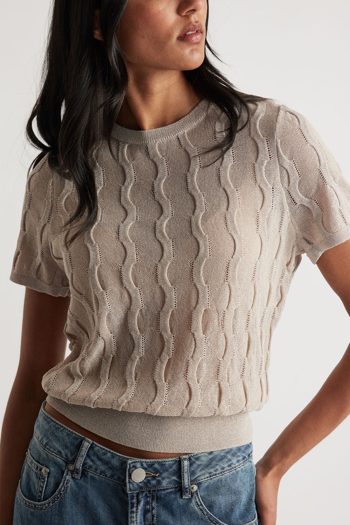 Lauren Lurex Knit Tee in portrait gallery, featuring short sleeves and patterned knitwear with lurex shimmer detail