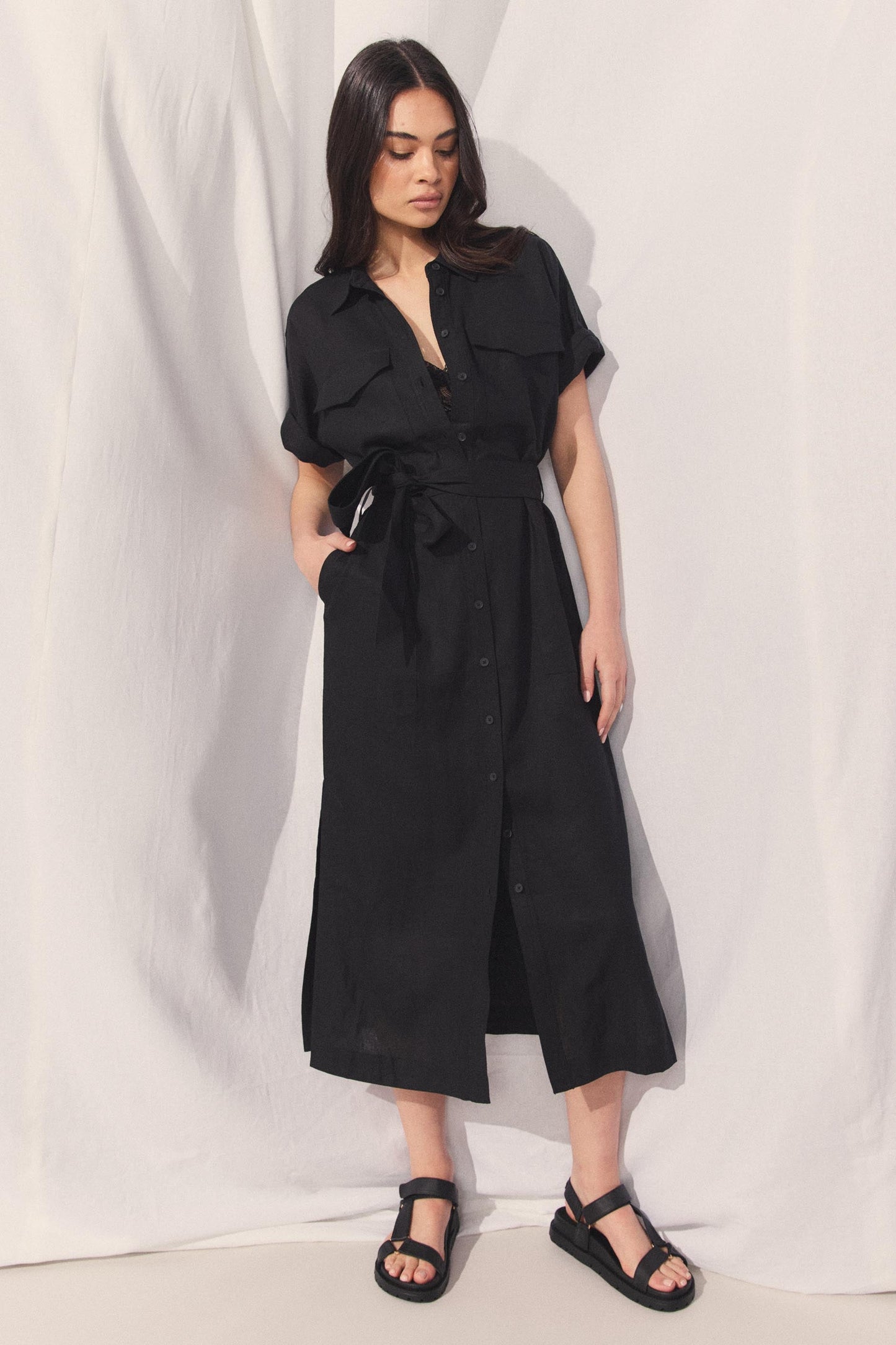 D-Luxe Linen Blend Midi Dress