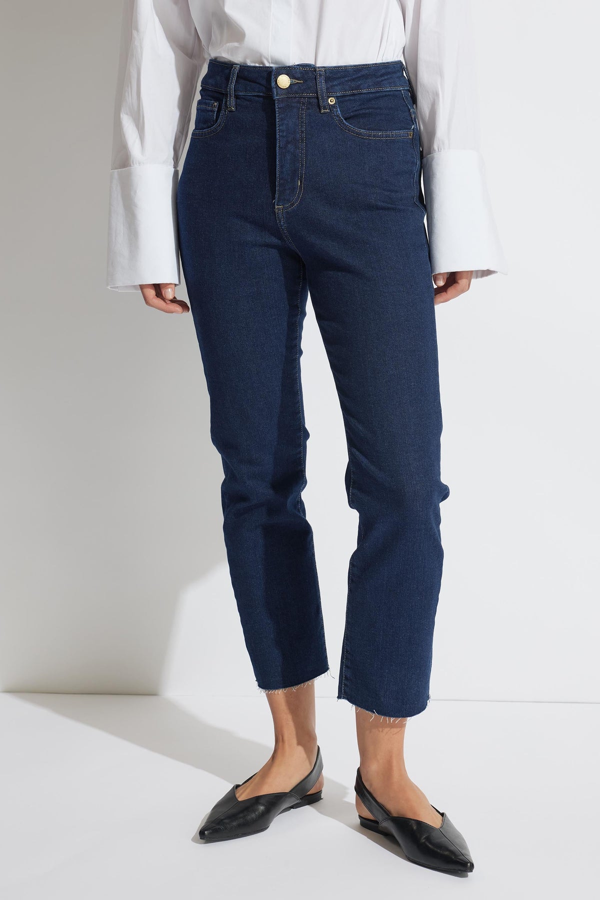 Becky Straight Leg Jean in dark denim with raw hem, high rise and ankle length, gallery position 2 portrait shot