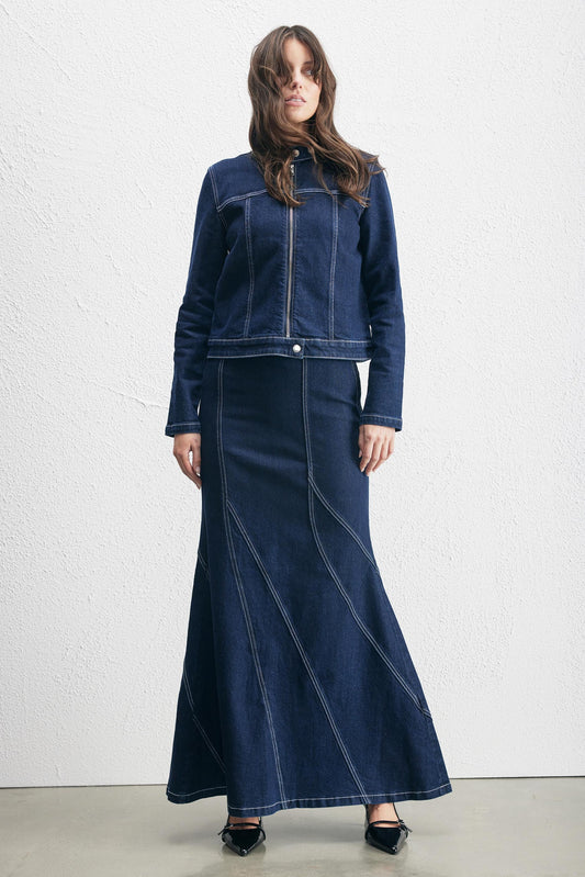 Paisley Flute Denim Maxi Skirt