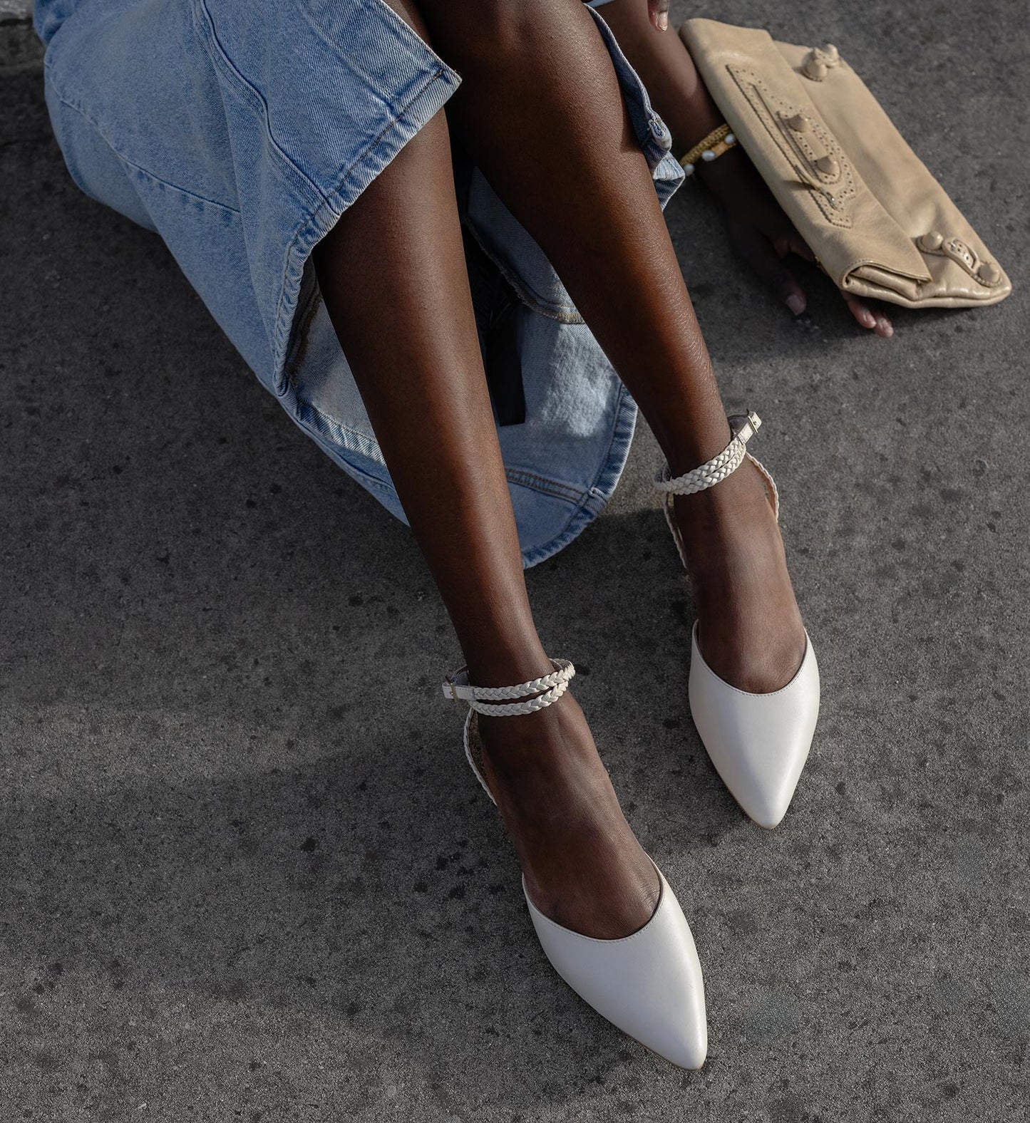 women's ecru leather pointed flats woven ankle strap
