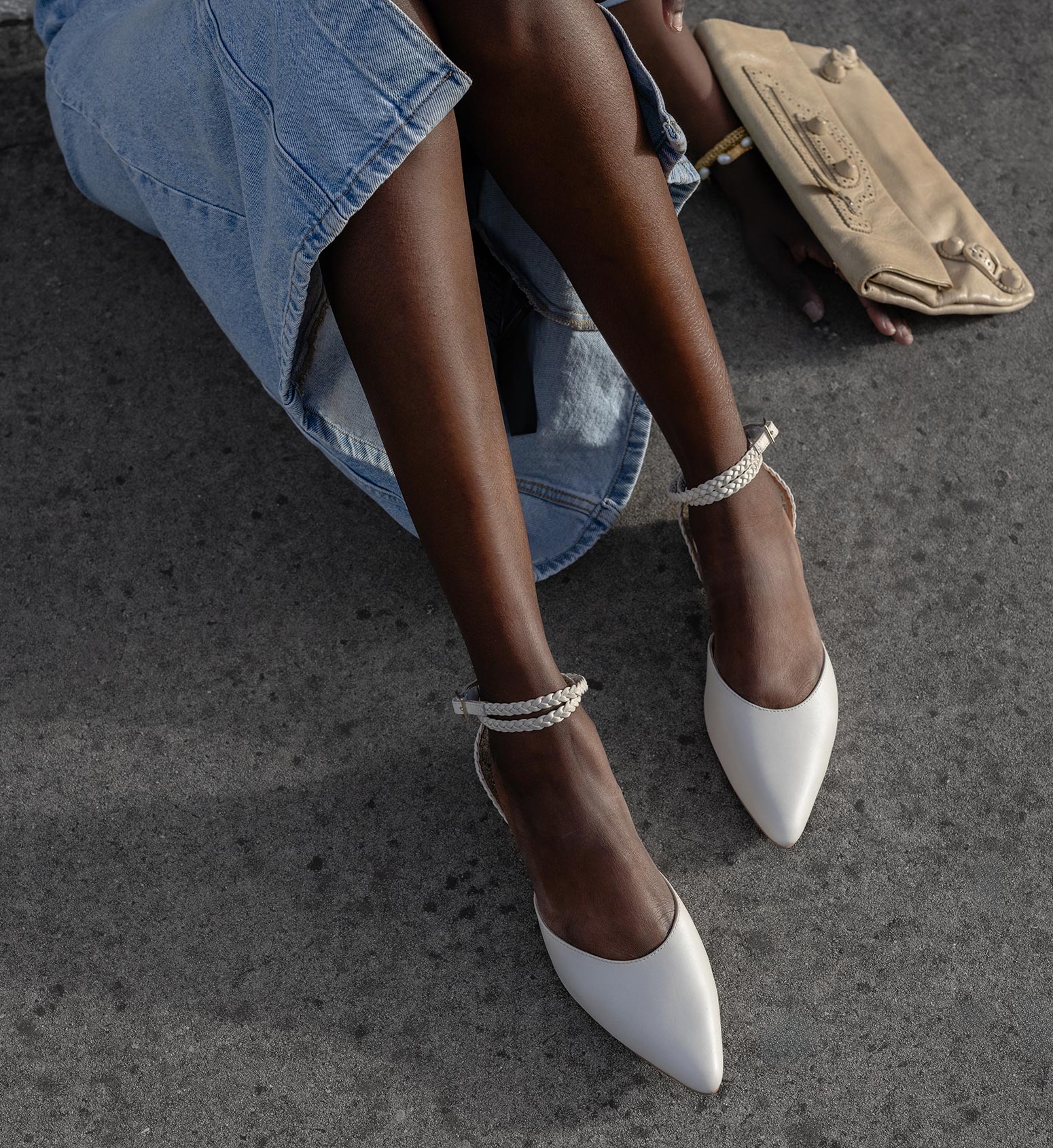women's ecru leather pointed flats woven ankle strap