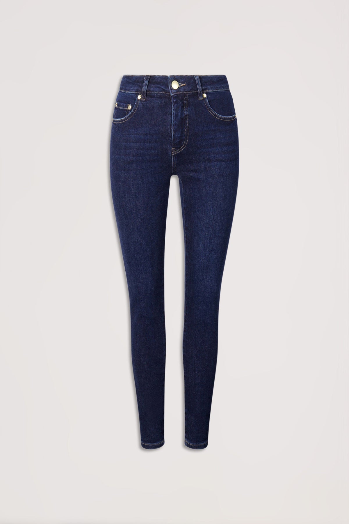 Dark indigo high-rise skinny jeans with classic five-pocket styling for a sleek, modern denim look.