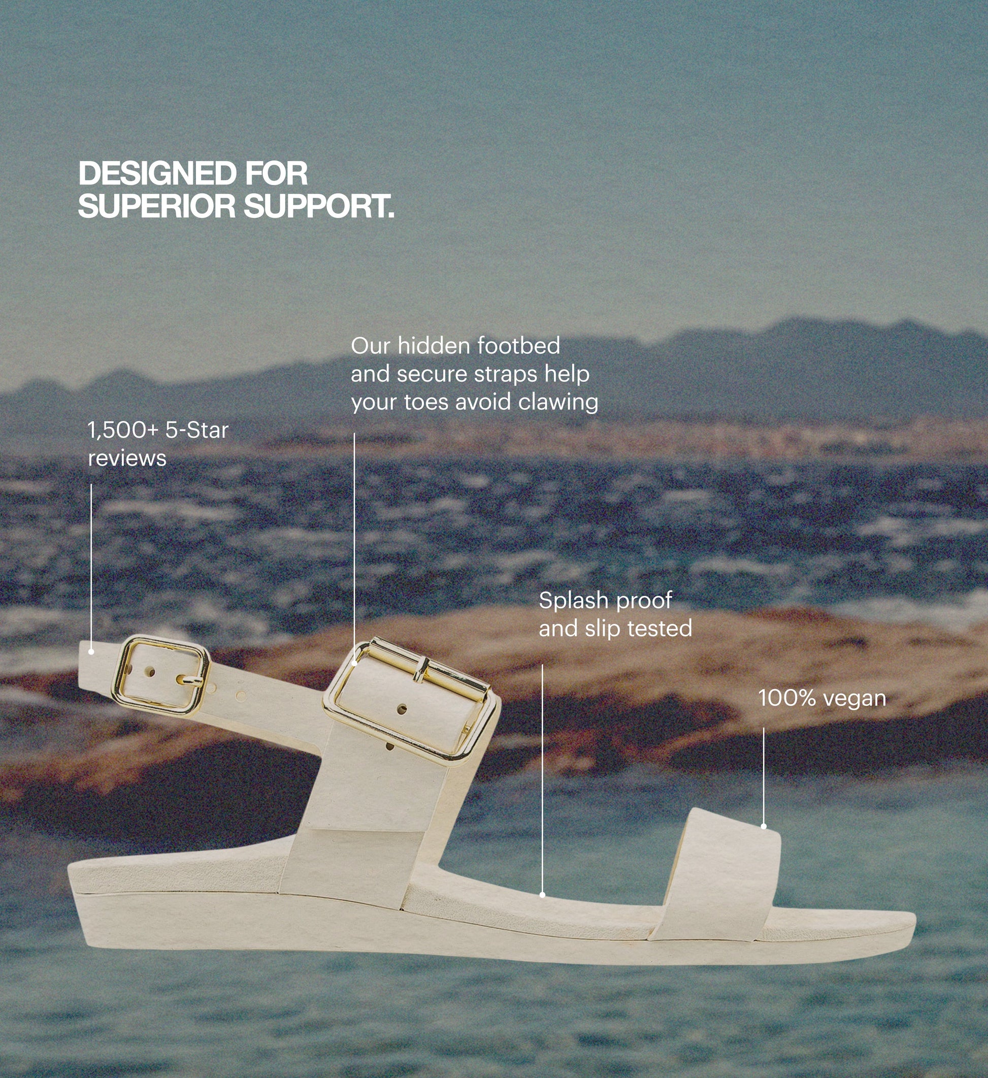 White sandal with gold buckles on a blurred beach background, featuring text about shoe features.
