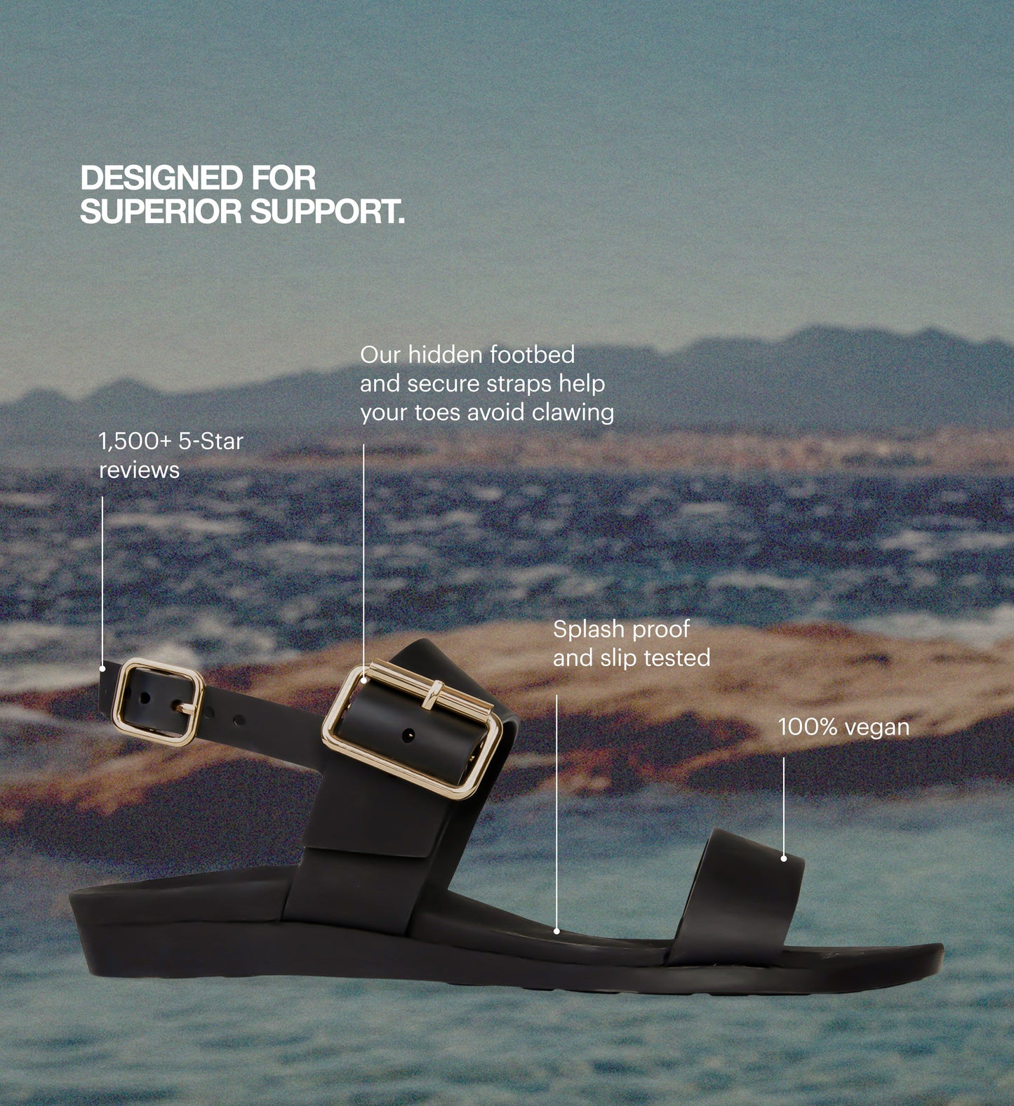 Black sandal with features highlighted on a blurred beach background