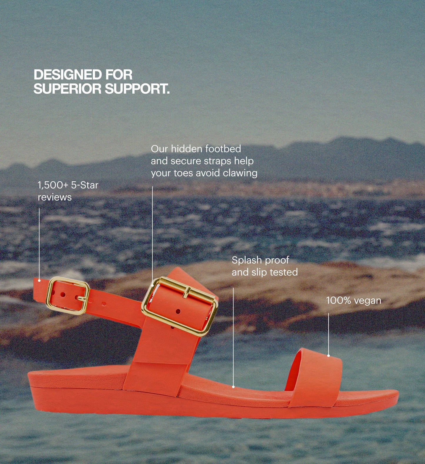 orange sandal with gold buckle on a beach background, featuring text about its features.