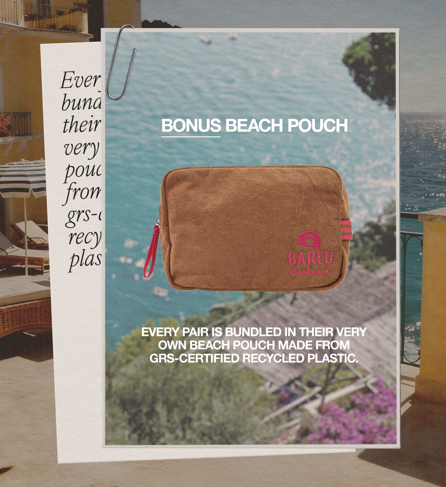 Promotional image of a brown beach pouch with text about recycled plastic use, set against a scenic background.