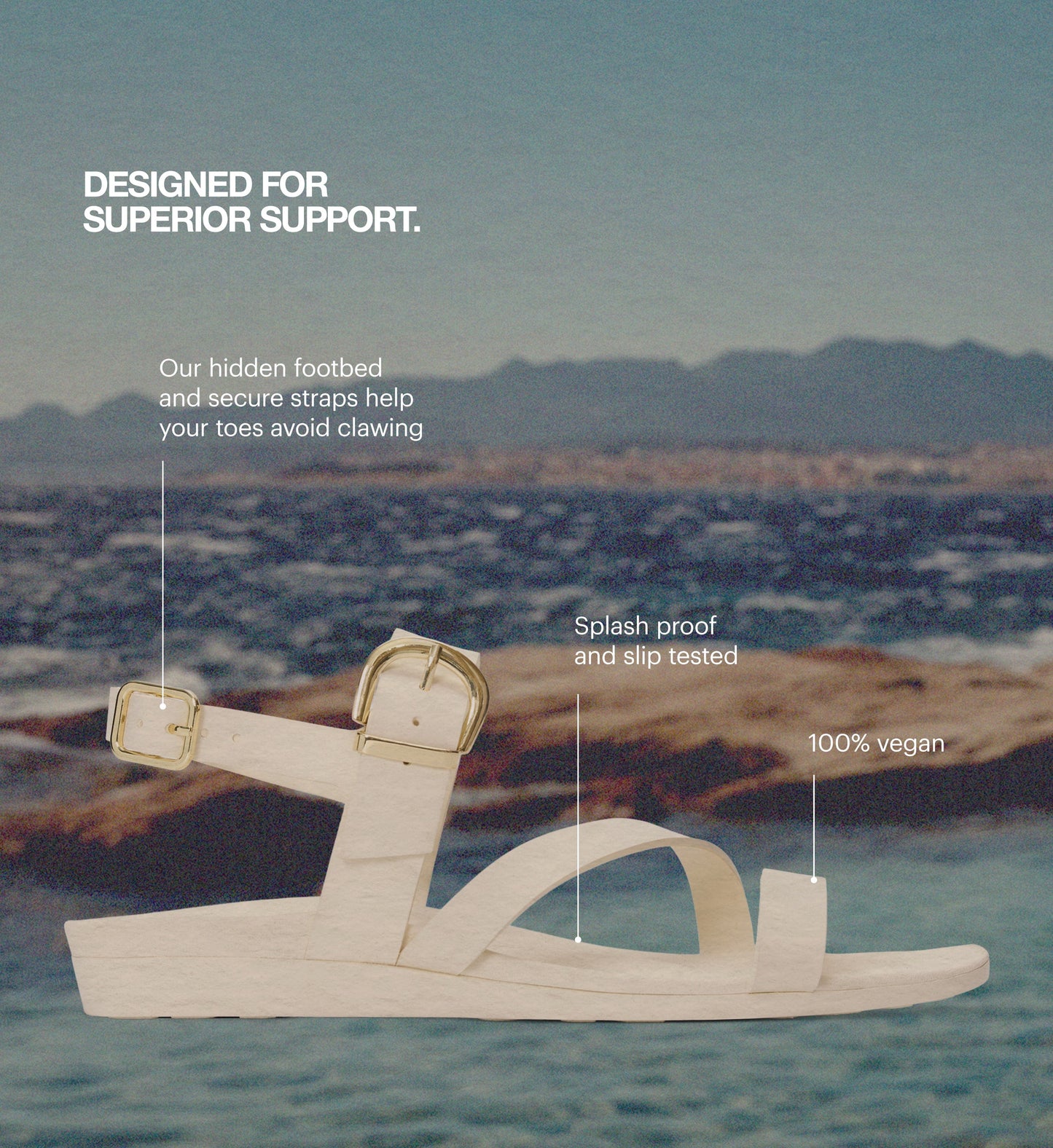 Beige sandal with text highlighting features against a beach background