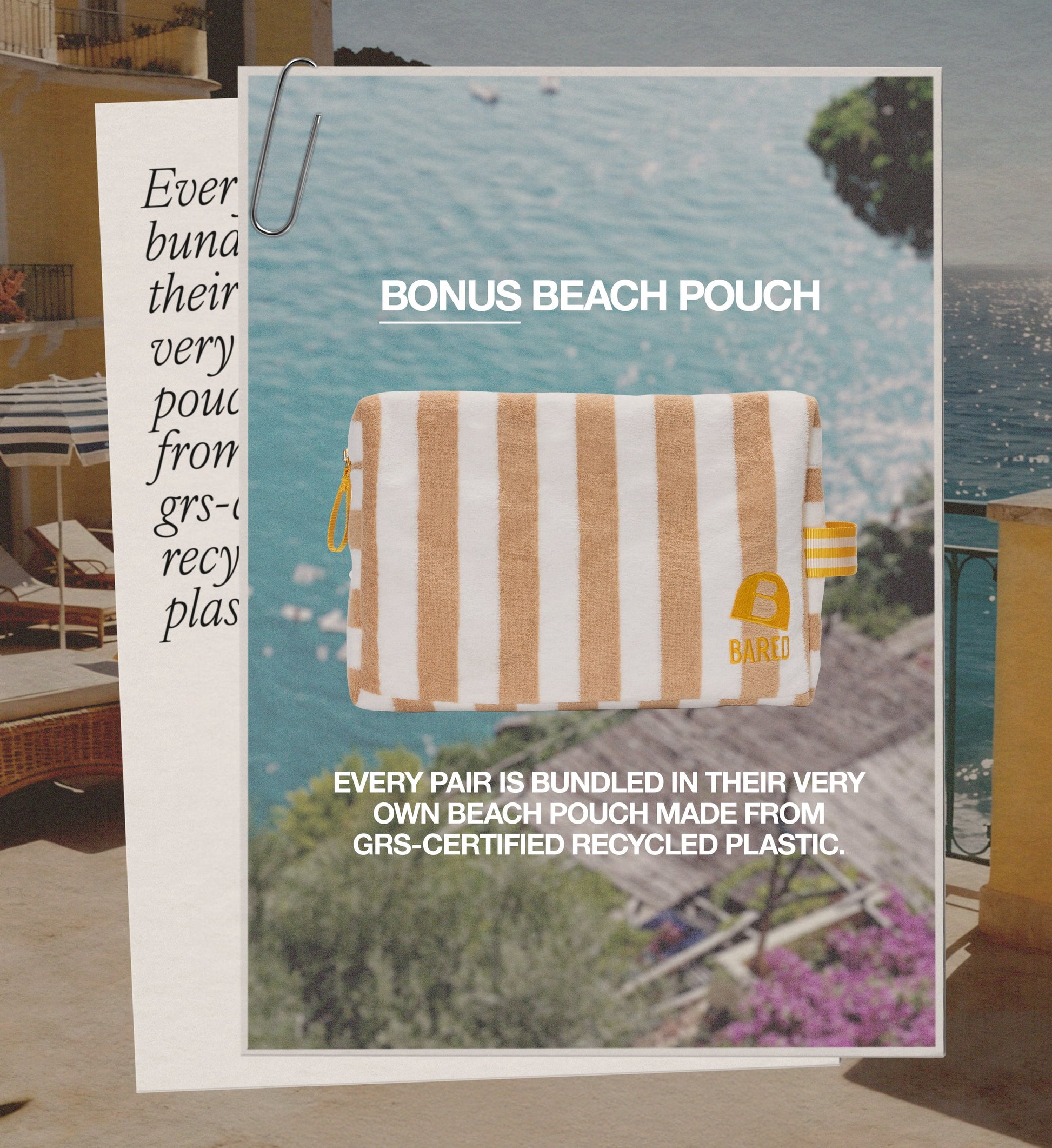 Promotional image of a striped beach pouch with text about GRS-certified recycled plastic on a scenic background.