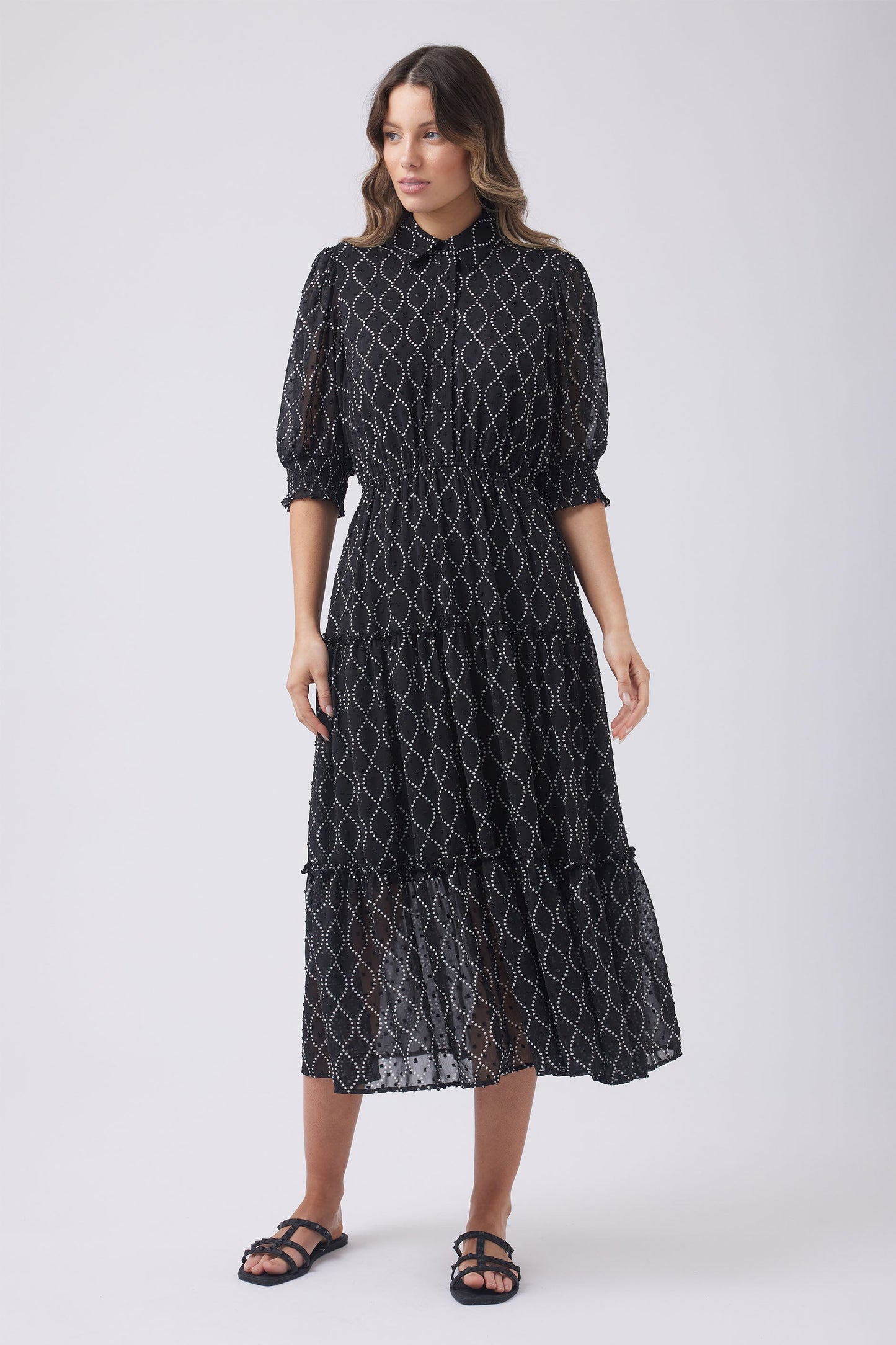 Santina Tiered Chain Print Midi Dress