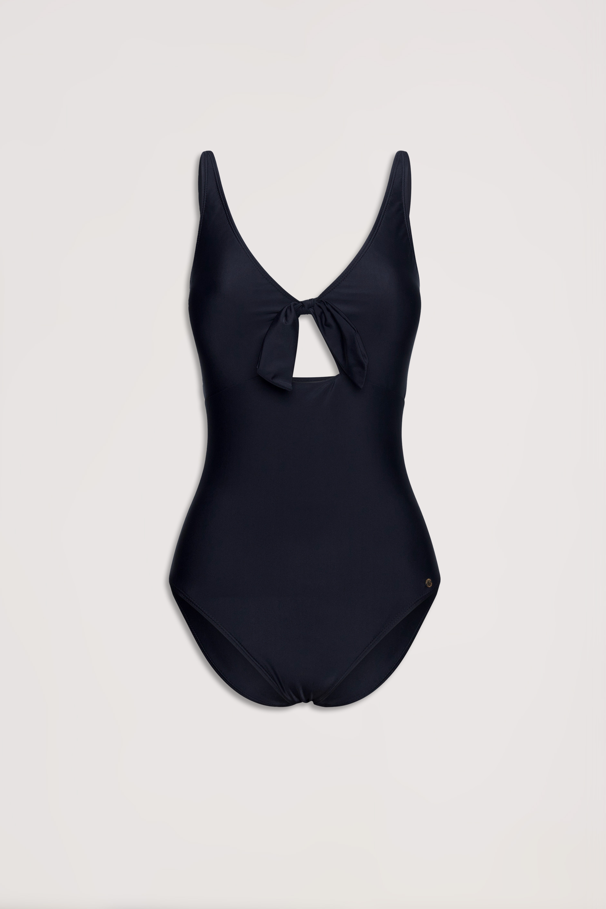 Sleek black one-piece swimsuit with a front tie detail and a small keyhole cutout for a chic, modern look.