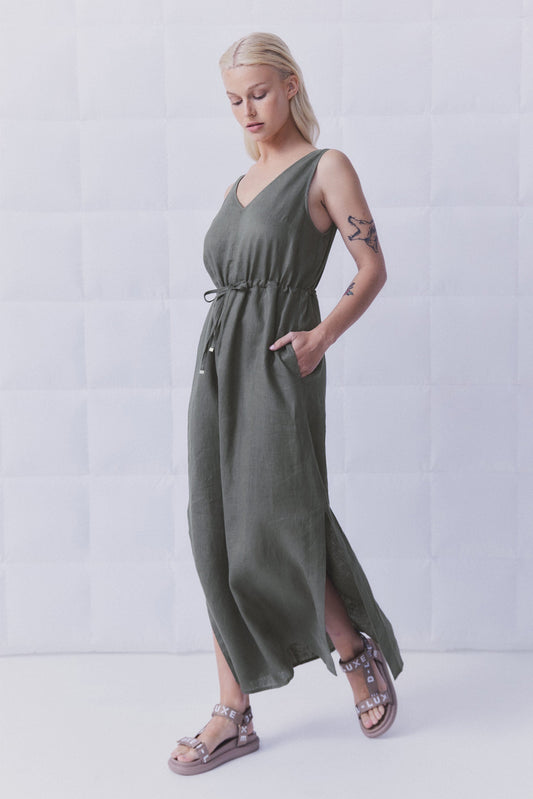D-Luxe V Neck Linen Dress