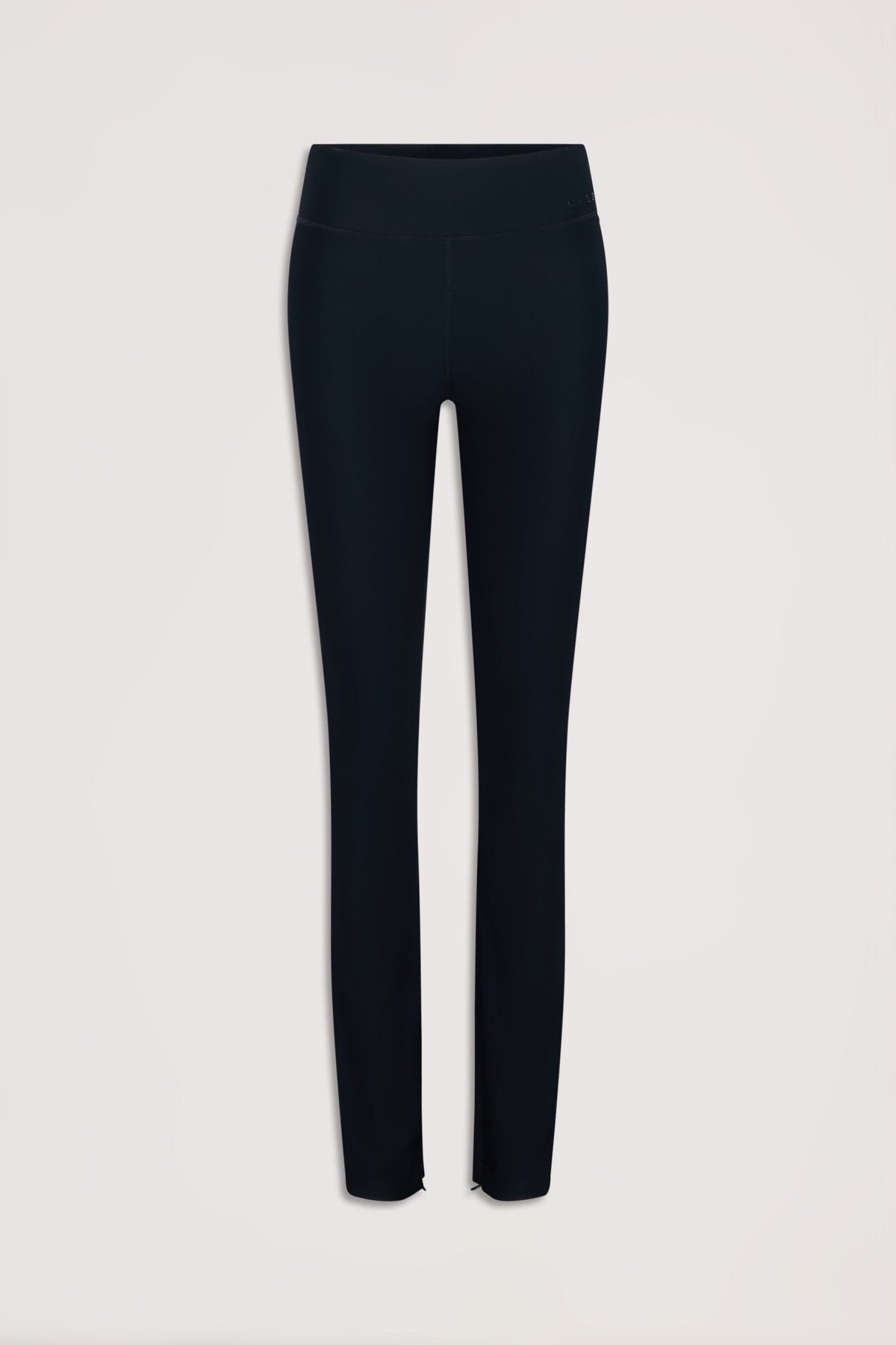 Black ribbed leggings with a split hem detail, designed for a sleek and comfortable everyday fit.