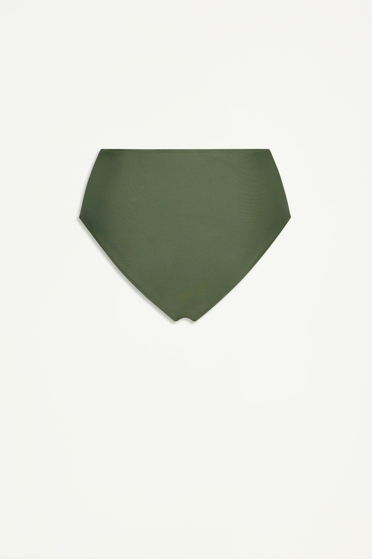 Matte forest green gathered bikini bottom with a high-rise fit, designed for stylish everyday swimwear.