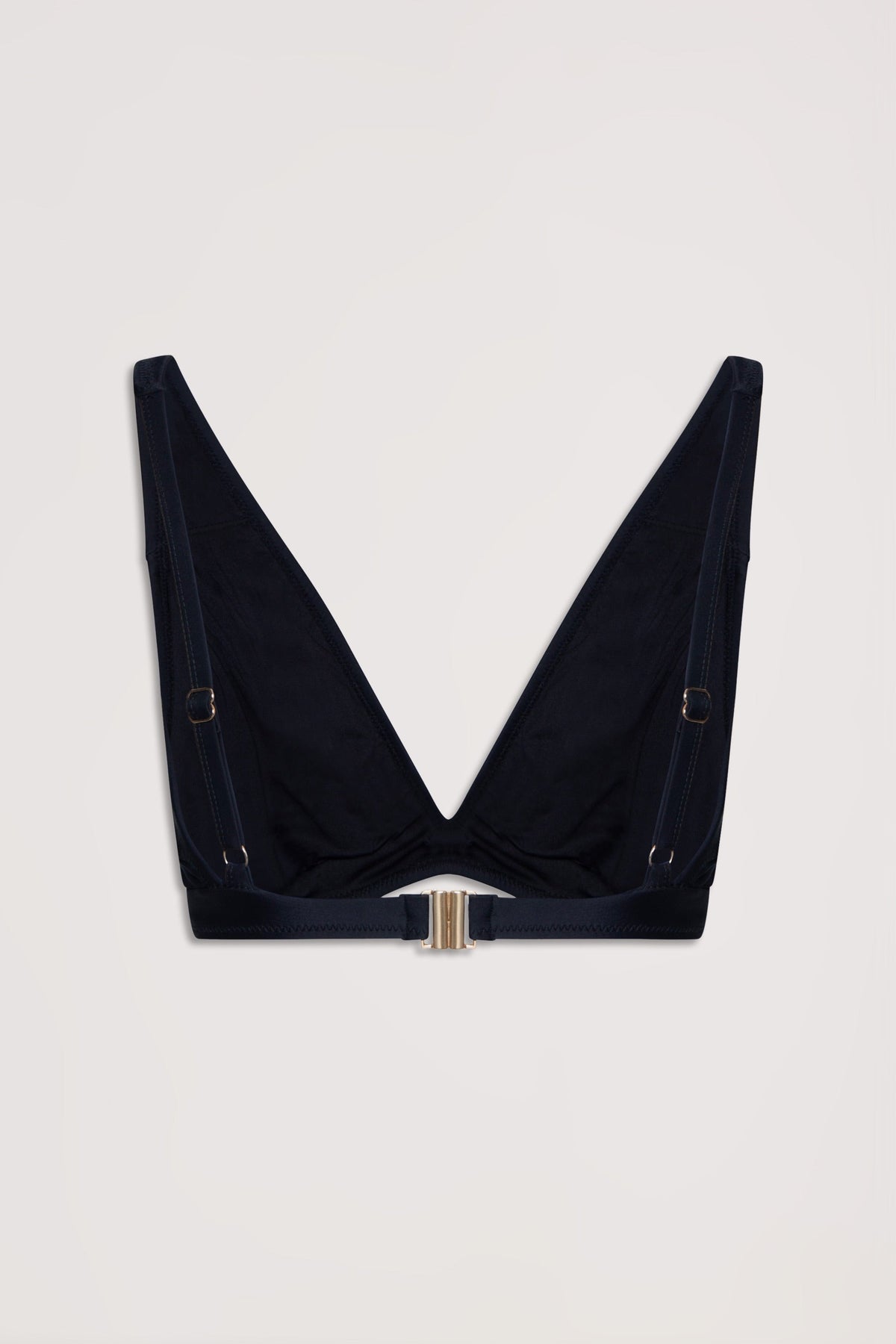 Back view of a matte black triangle bikini top with adjustable straps and a gold-tone clasp closure