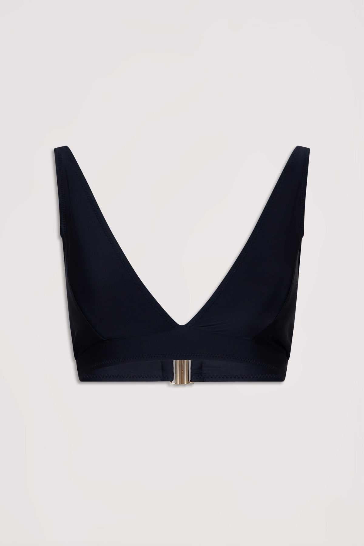 Black matte triangle bikini top with deep V neckline and metallic clasp closure at the back against a neutral background