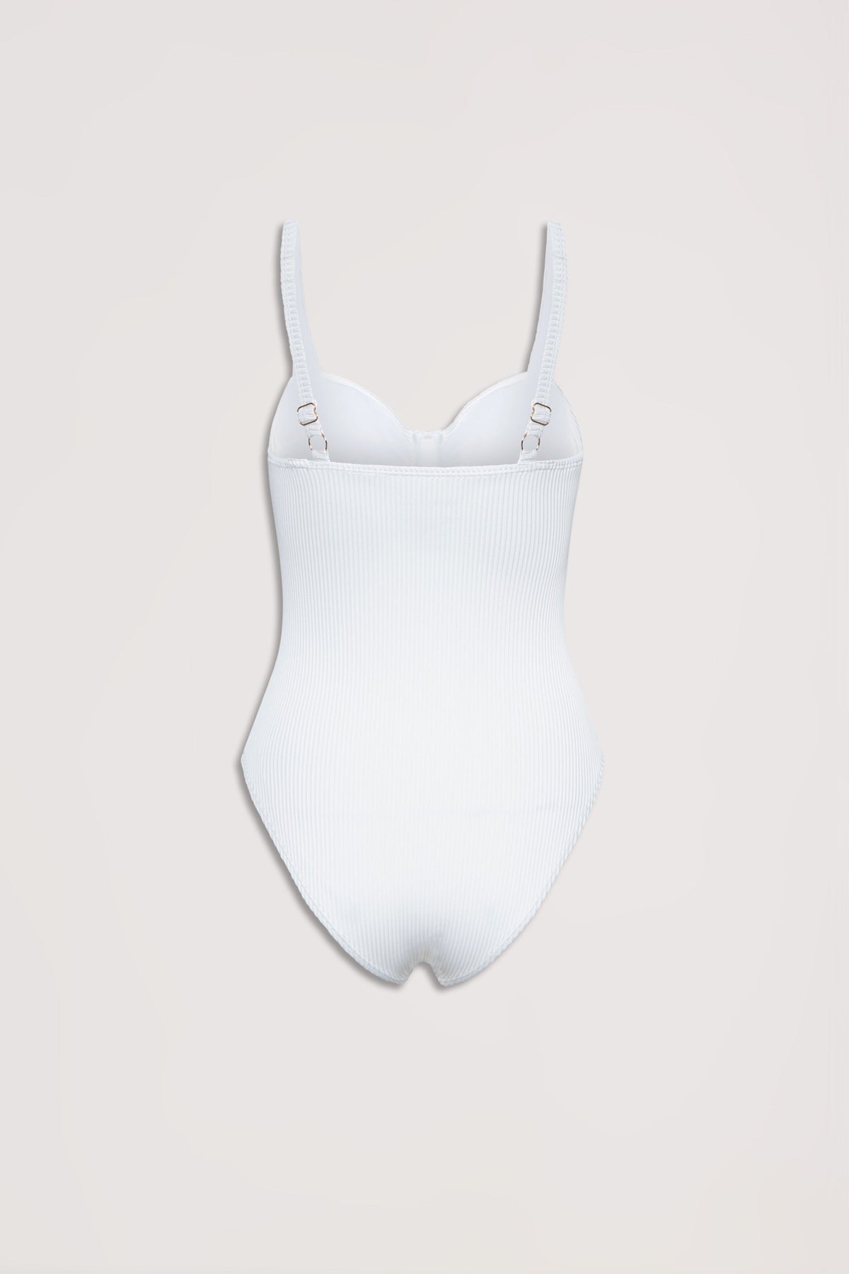 White ribbed one-piece swimsuit with underwire cups and adjustable shoulder straps, displayed flat on a neutral background