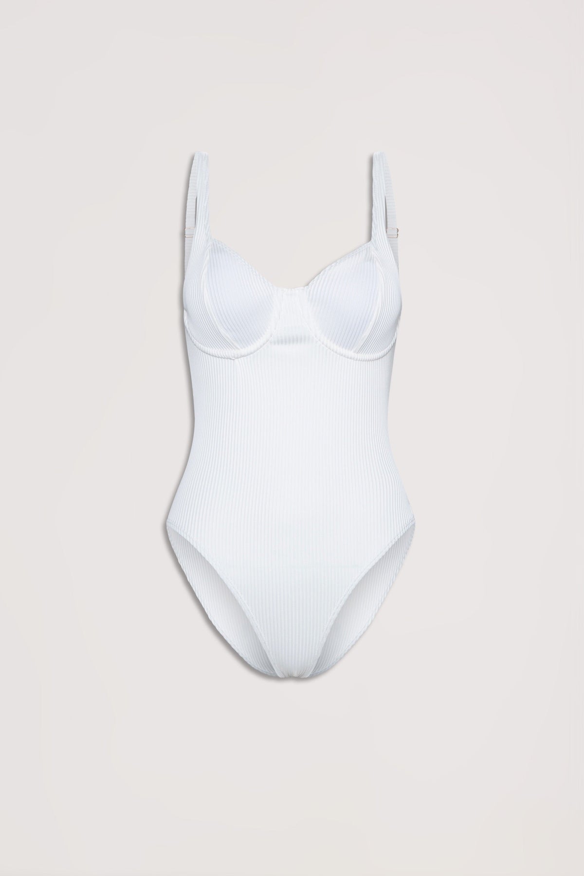 White ribbed one-piece swimsuit with underwire cups and adjustable shoulder straps on a plain background