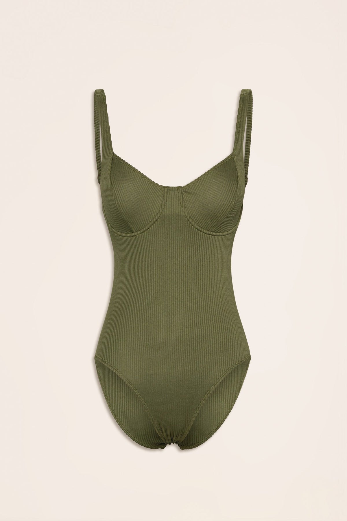 Olive green ribbed one-piece swimsuit with underwire cups and adjustable straps on a neutral background