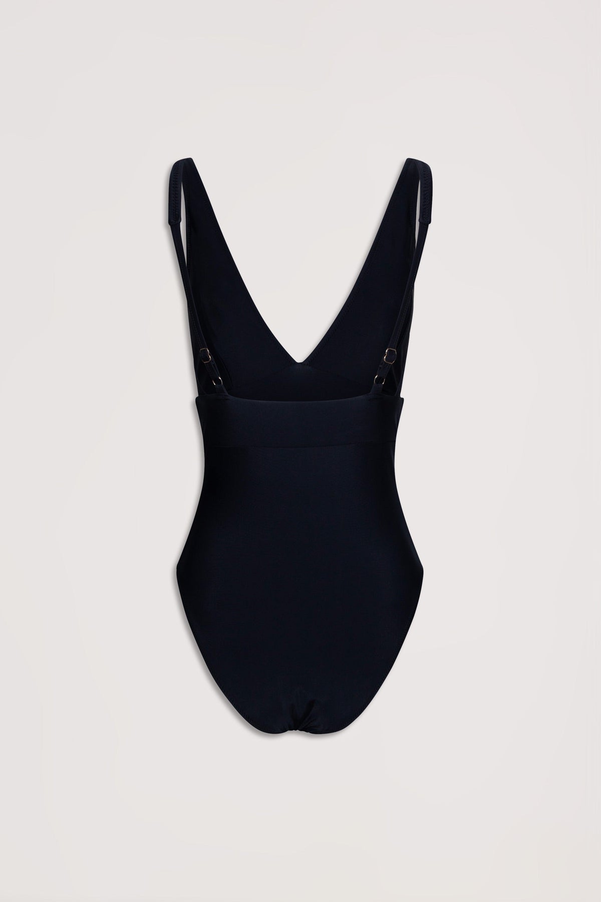 Black matte one-piece swimsuit with deep V back and adjustable shoulder straps displayed against a plain background