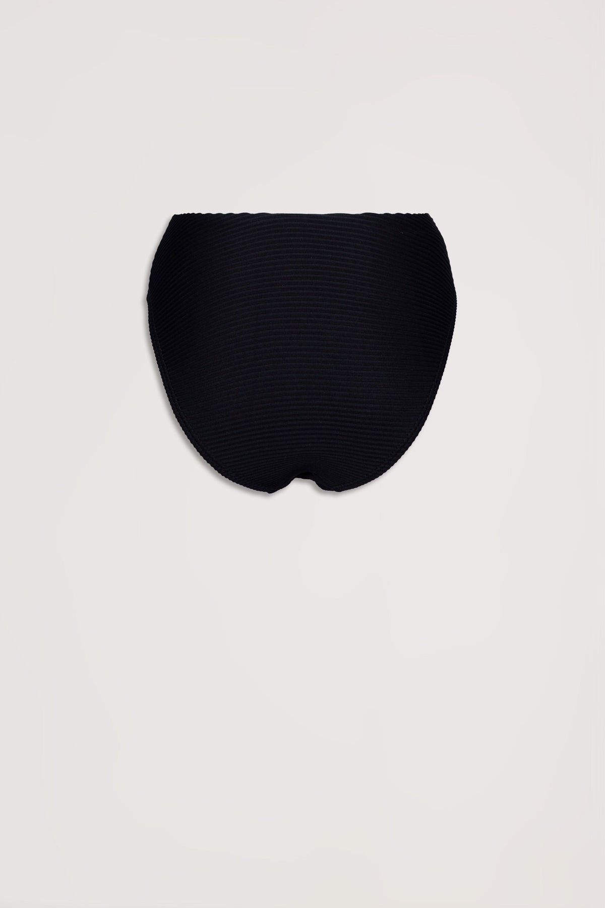 Black ribbed bikini bottoms with a high-rise cut, designed for a flattering and comfortable fit.