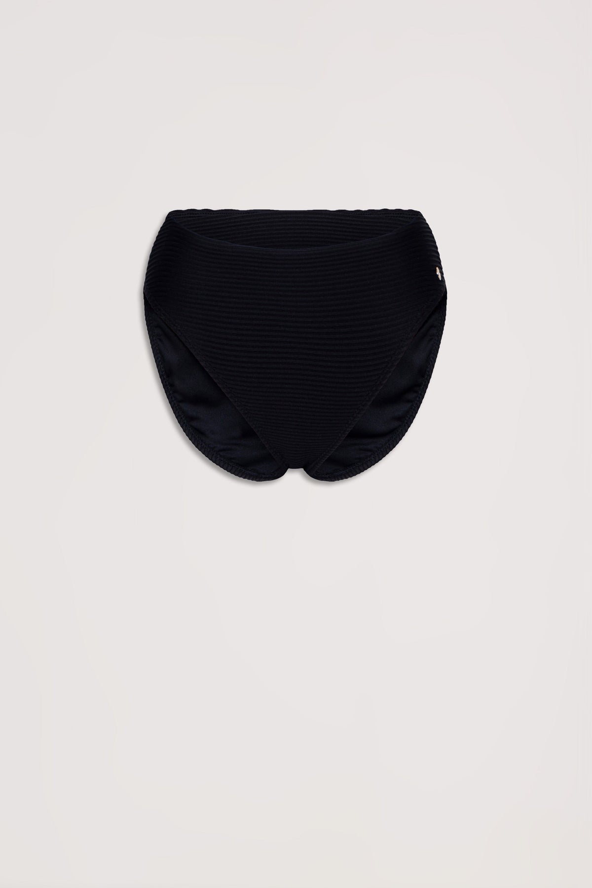 High-waisted black ribbed bikini bottom with a subtle texture, designed for a comfortable and flattering fit.