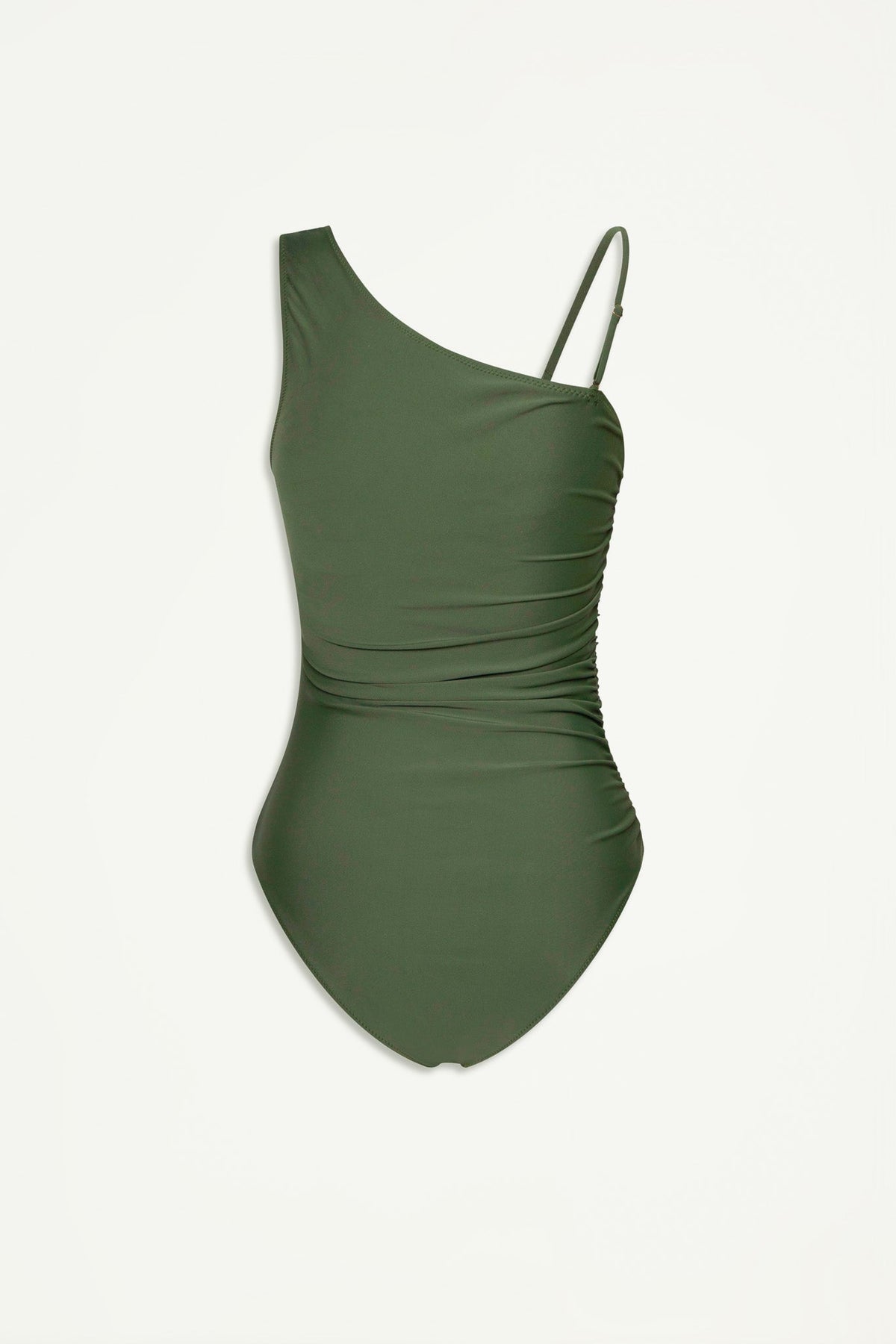 Matte forest green one-piece swimsuit with one shoulder design and ruched side detailing for a sleek fit