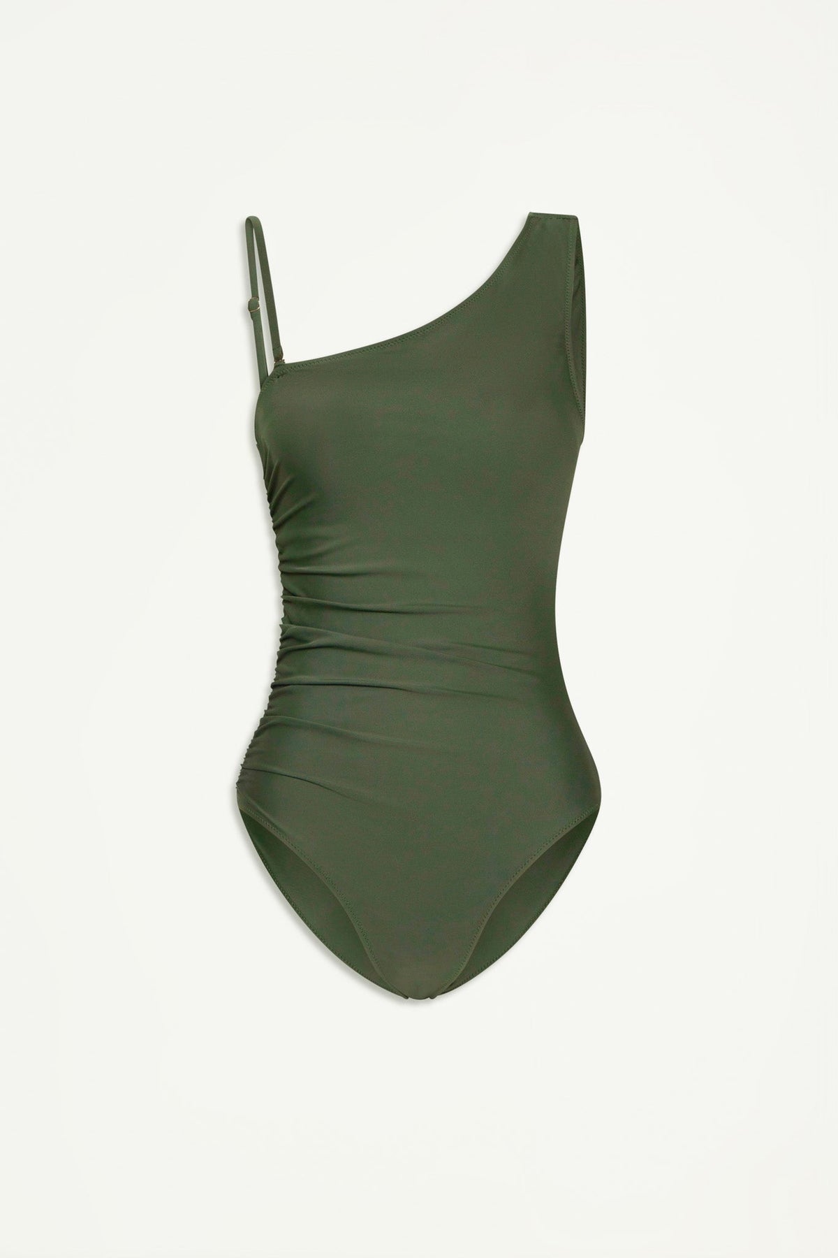 Sleek forest green one-piece swimsuit with asymmetric one shoulder design and subtle ruching on side seams