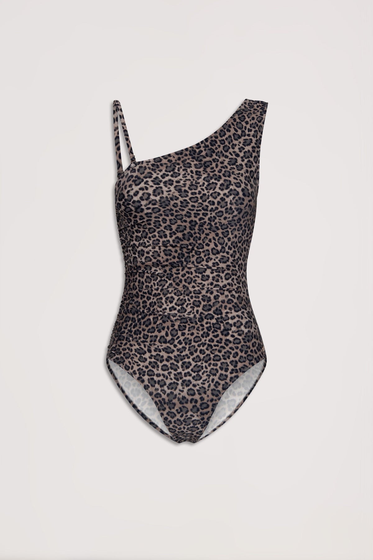 One-shoulder matte one piece swimsuit in a classic leopard print pattern with contrasting strap design.
