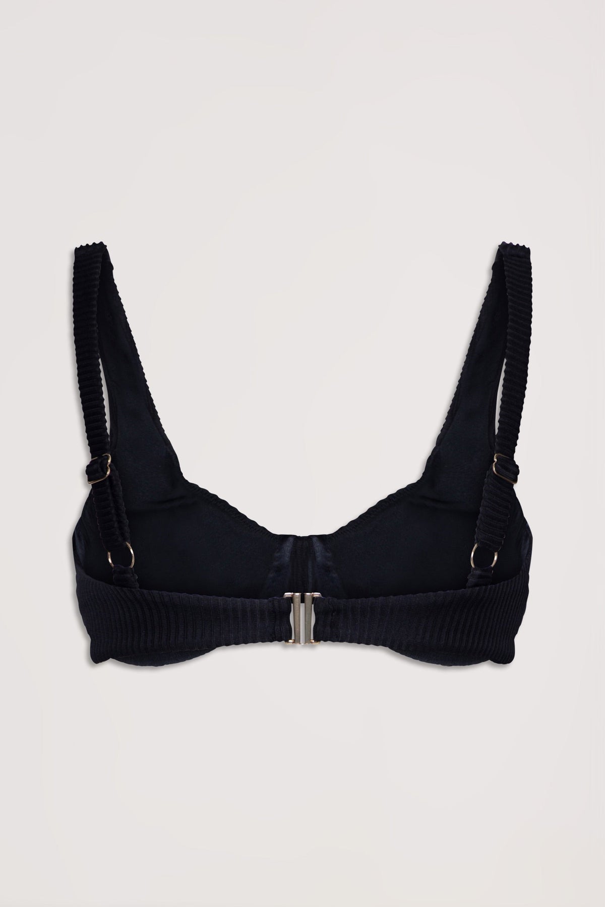 Black ribbed underwire bikini top with adjustable straps and a sleek back clasp closure design