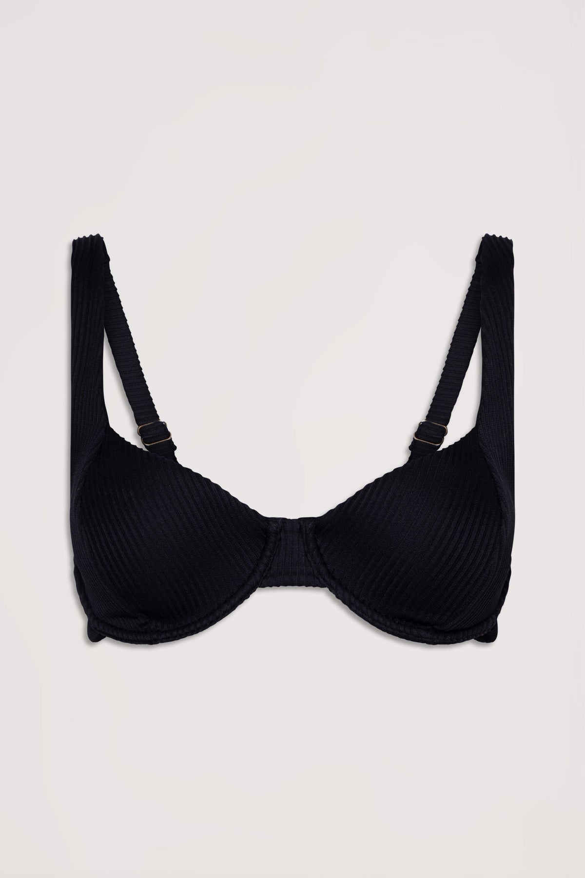 Black ribbed underwire bikini top with adjustable straps, designed for support and a sleek silhouette.