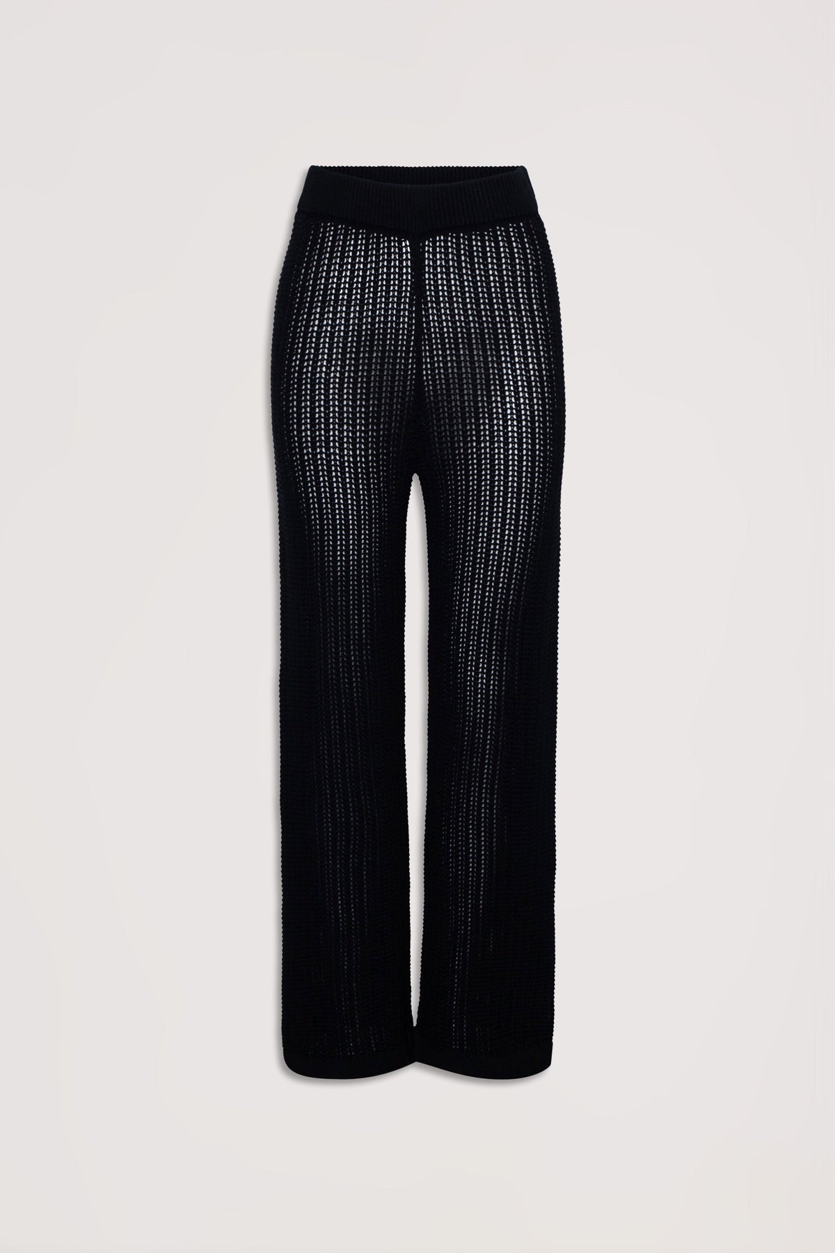 Black crochet pants with wide legs and a breathable, textured knit perfect for effortless casual style.
