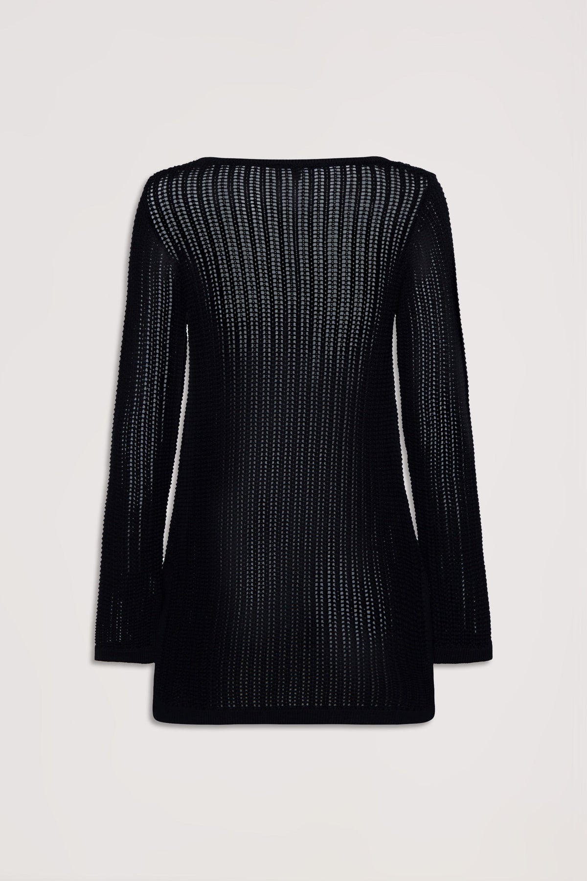 Black crochet knit tunic with long sleeves and a relaxed fit, shown from the back on a neutral background