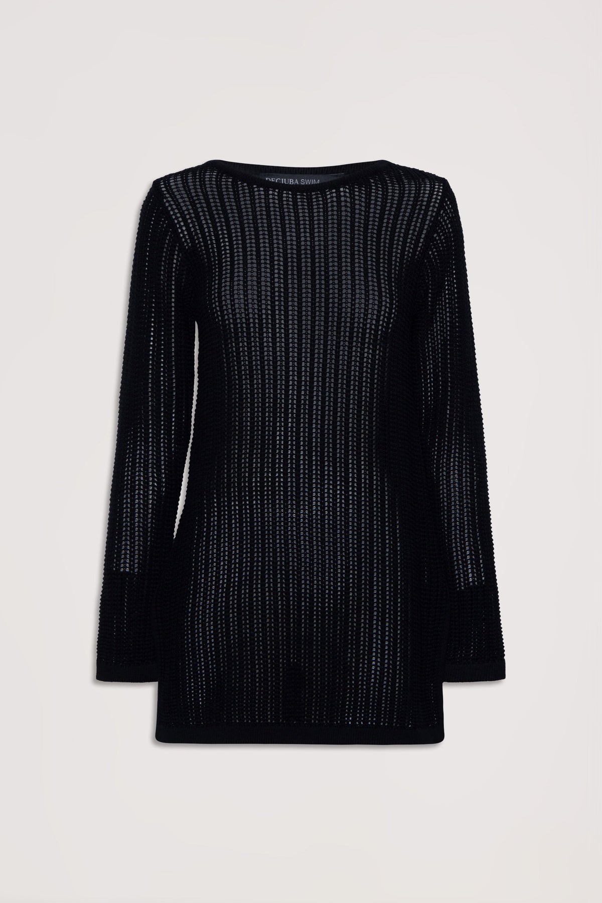 Black crochet long-sleeve tunic with open knit design, offering a lightweight, breathable layering piece.