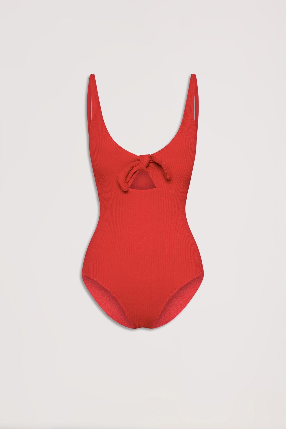 Red crinkle textured one-piece with a front tie detail and low scoop neckline, displayed on plain background