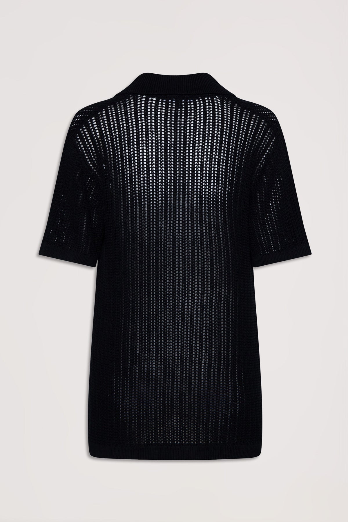 Black open-knit short-sleeve shirt with a textured pattern and relaxed fit, shown from the back on a neutral background