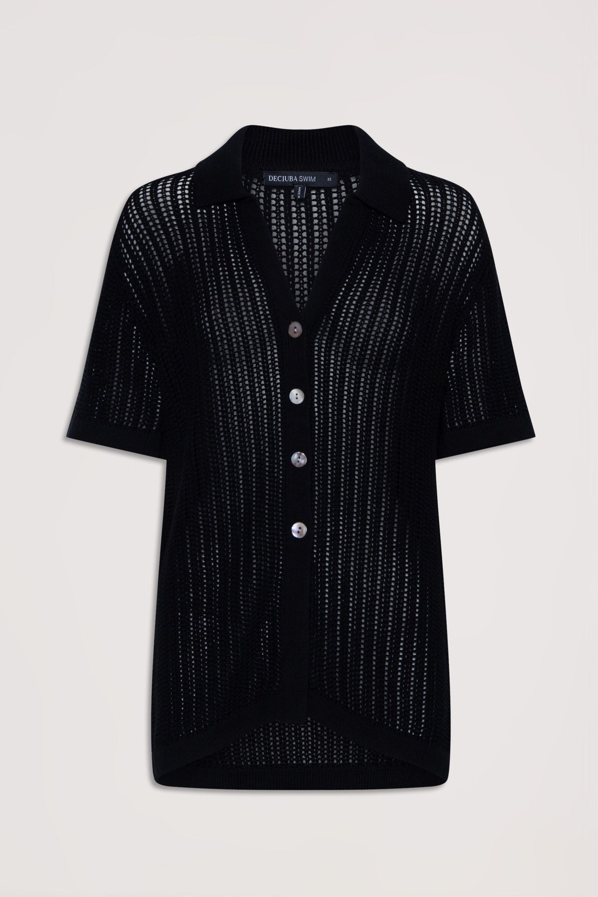 Black crochet shirt with short sleeves, button front, and a relaxed fit for effortless everyday style
