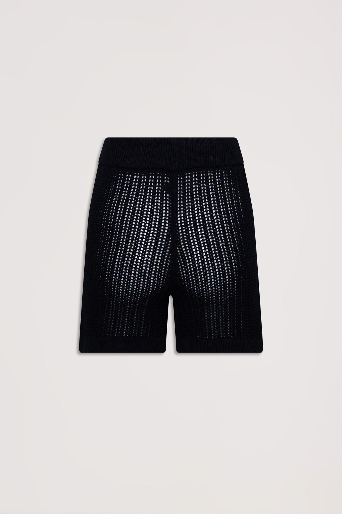 Black crochet knit shorts with a high waistband, featuring a textured open stitch pattern for a breathable feel