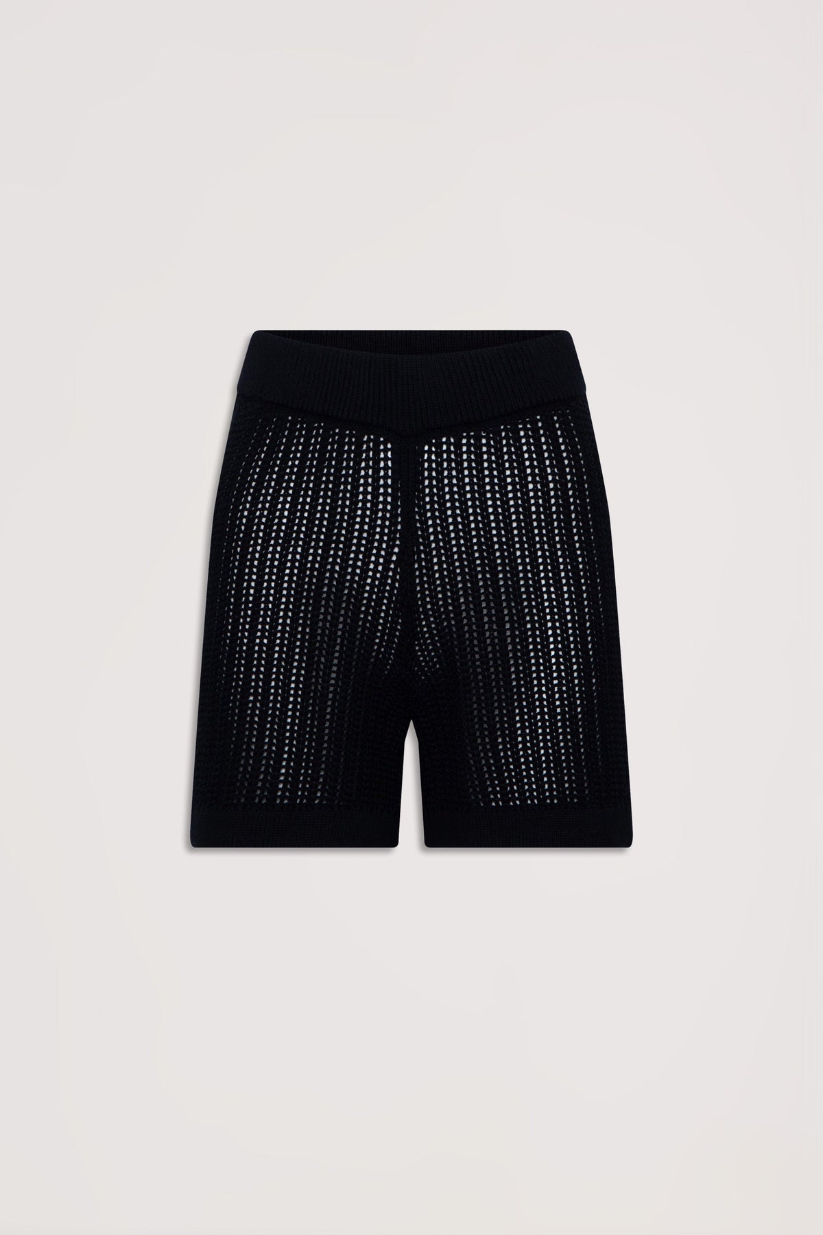 Black crochet knit shorts with a comfortable waistband, featuring a breathable openwork pattern for effortless style.