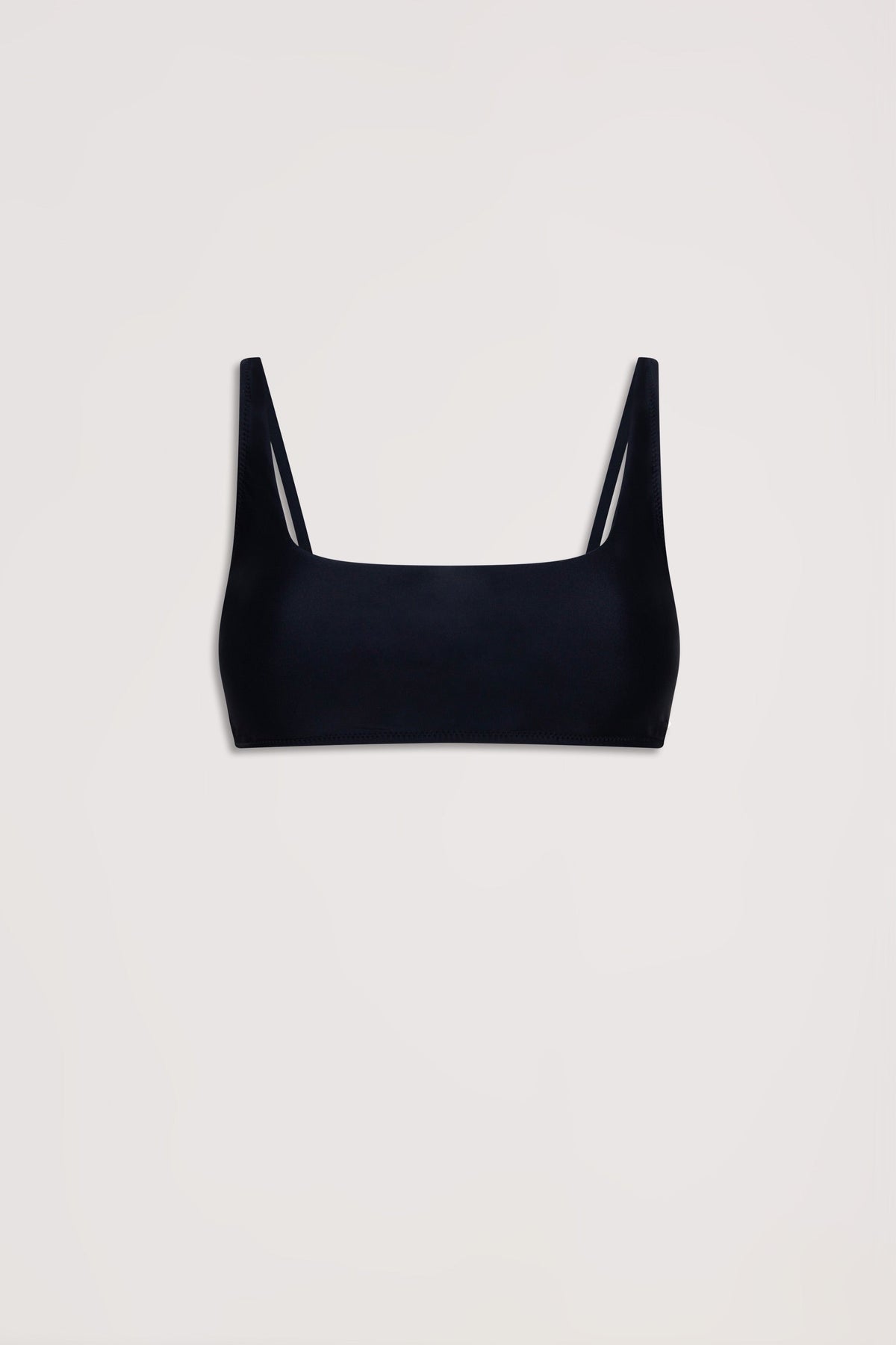 Matte black square neck bikini top with slim adjustable straps, designed for a sleek and minimalist look