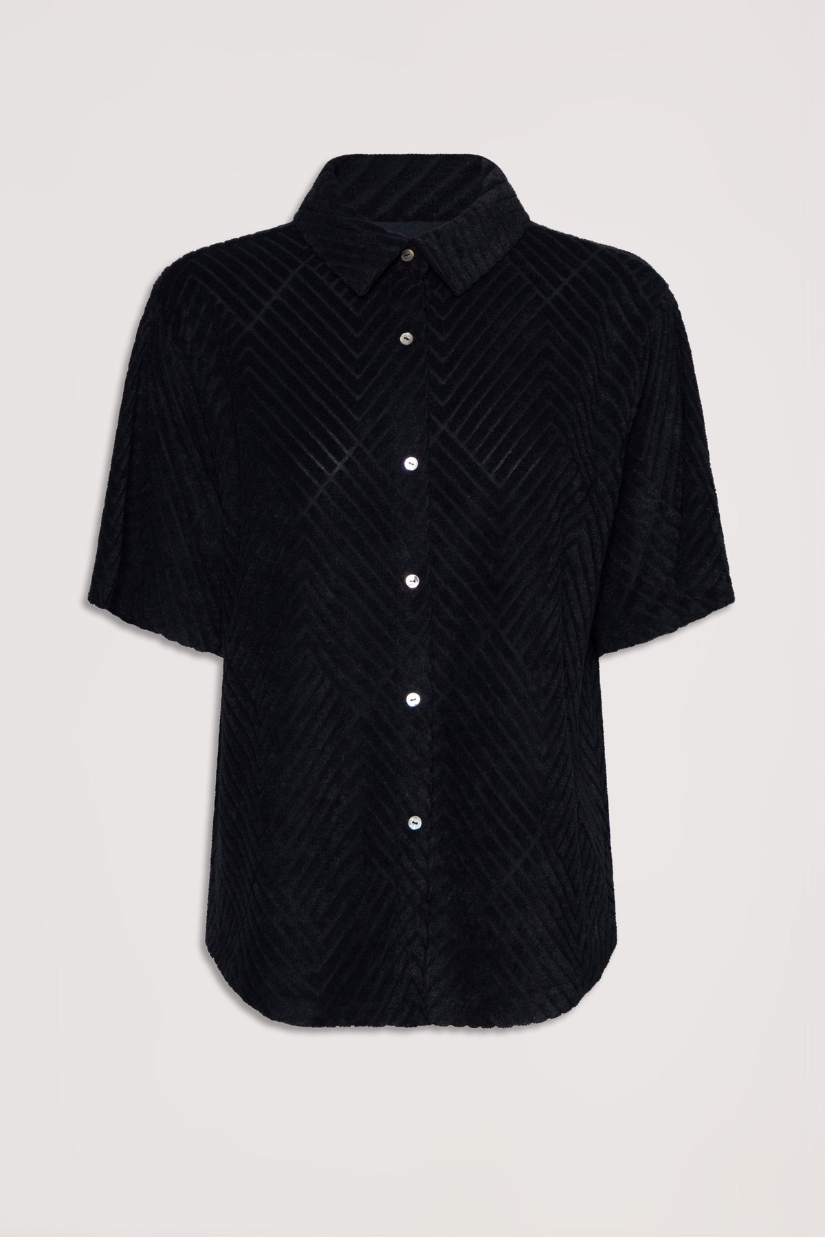 Black textured short-sleeve shirt with a subtle chevron pattern and classic button-down front design