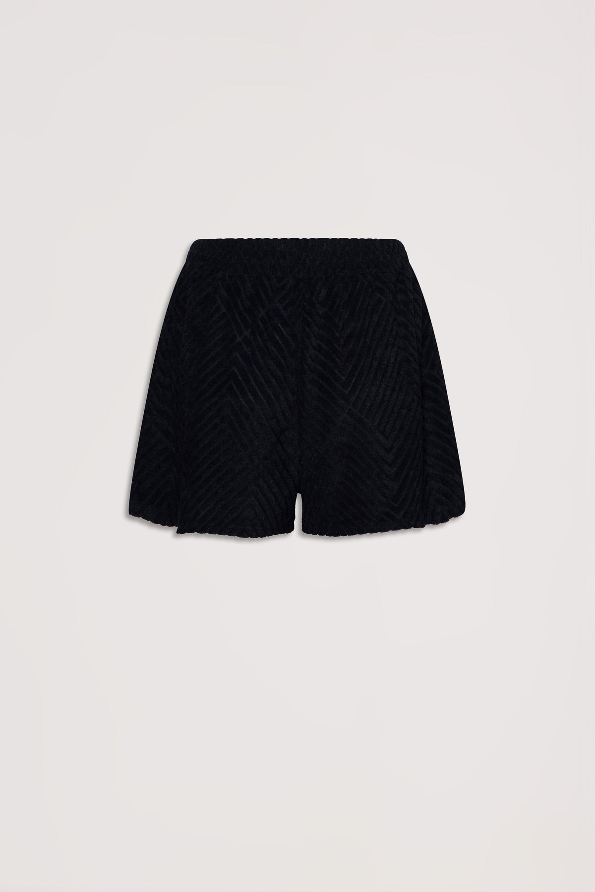 Black textured terry shorts with a relaxed fit and elastic waistband for casual, effortless style
