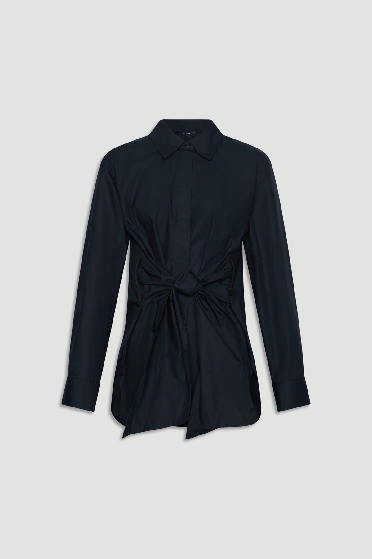 Black long-sleeve shirt with collar and front tie waist detail for a sleek, modern silhouette.