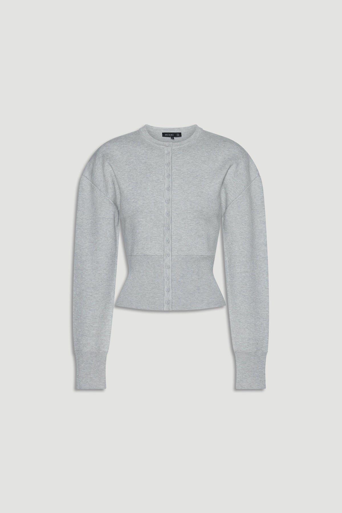 Light grey cinched knit cardigan with long sleeves and button front, designed for a flattering, modern fit.