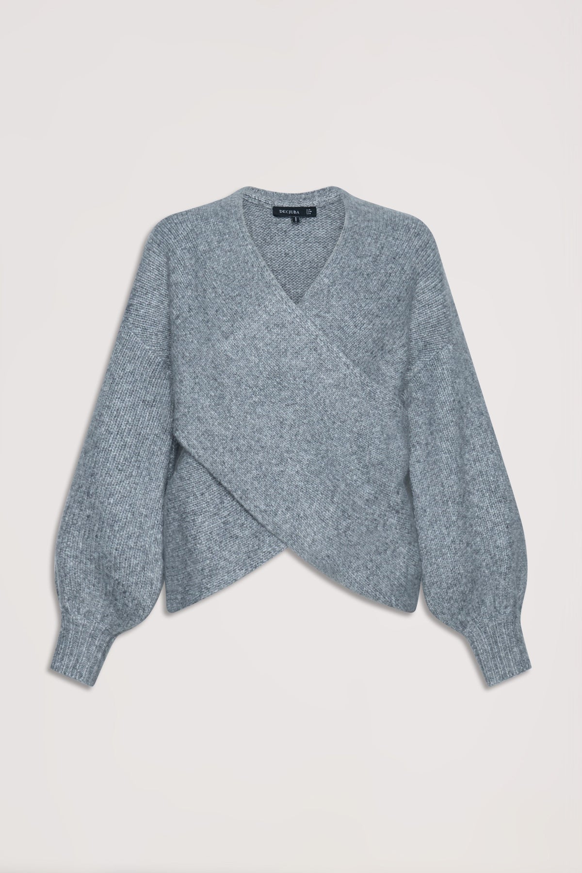 Soft grey crossover jumper with balloon sleeves and a textured knit for a cozy, stylish layered look