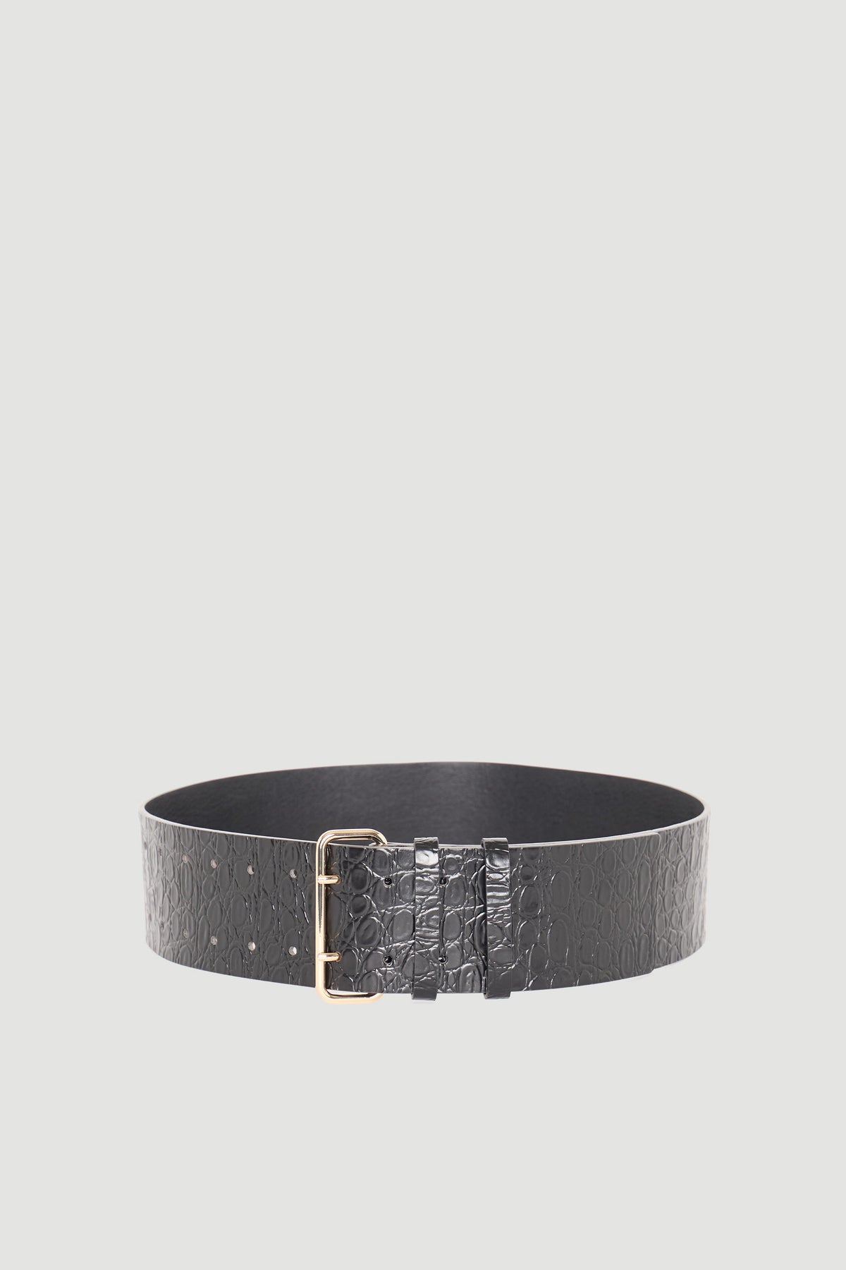 Black wide belt with subtle textured pattern and gold-tone buckle for a refined, versatile finish