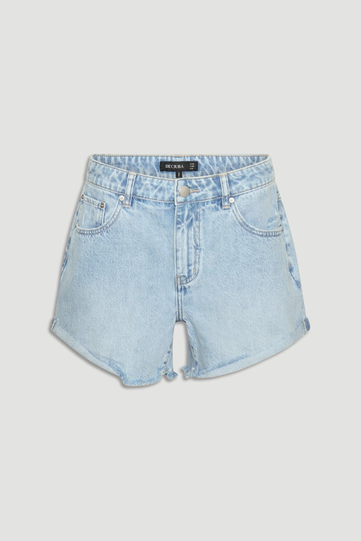 Light blue rolled cuff denim shorts with classic five-pocket design and button closure for casual comfort