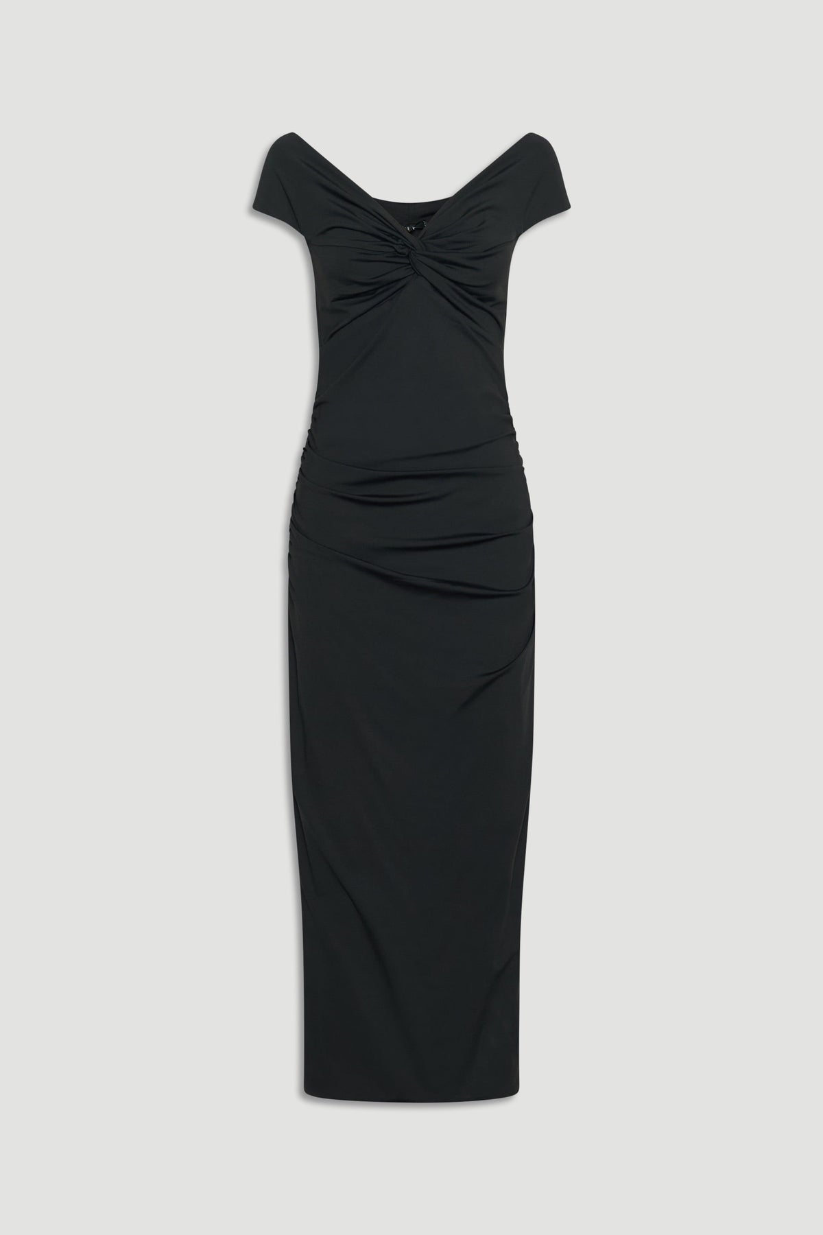 Black midi dress with a twist detail at the bust and subtle ruching for an elegant, flattering fit